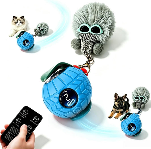 Nicbeypole Intelligent Pet Electric Toy Ball, Interactive Automatic Rolling Chase Game, Suitable for Cats or Small and Medium-Sized Dogs, LCD Screen, Remote Control, Equipped with Bird Song (Blue)