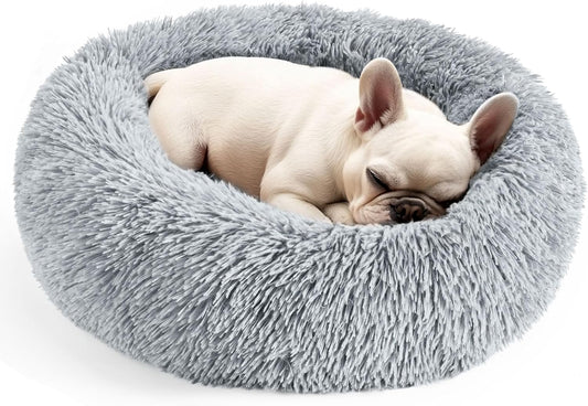 Hoewina Dog & Cat Bed for Indoor Cats, 20In Calming Donut Bed for Puppy and Kitten, Washable round Fluffy Pet Bed for Small Medium Dogs and Cats (Light Grey)