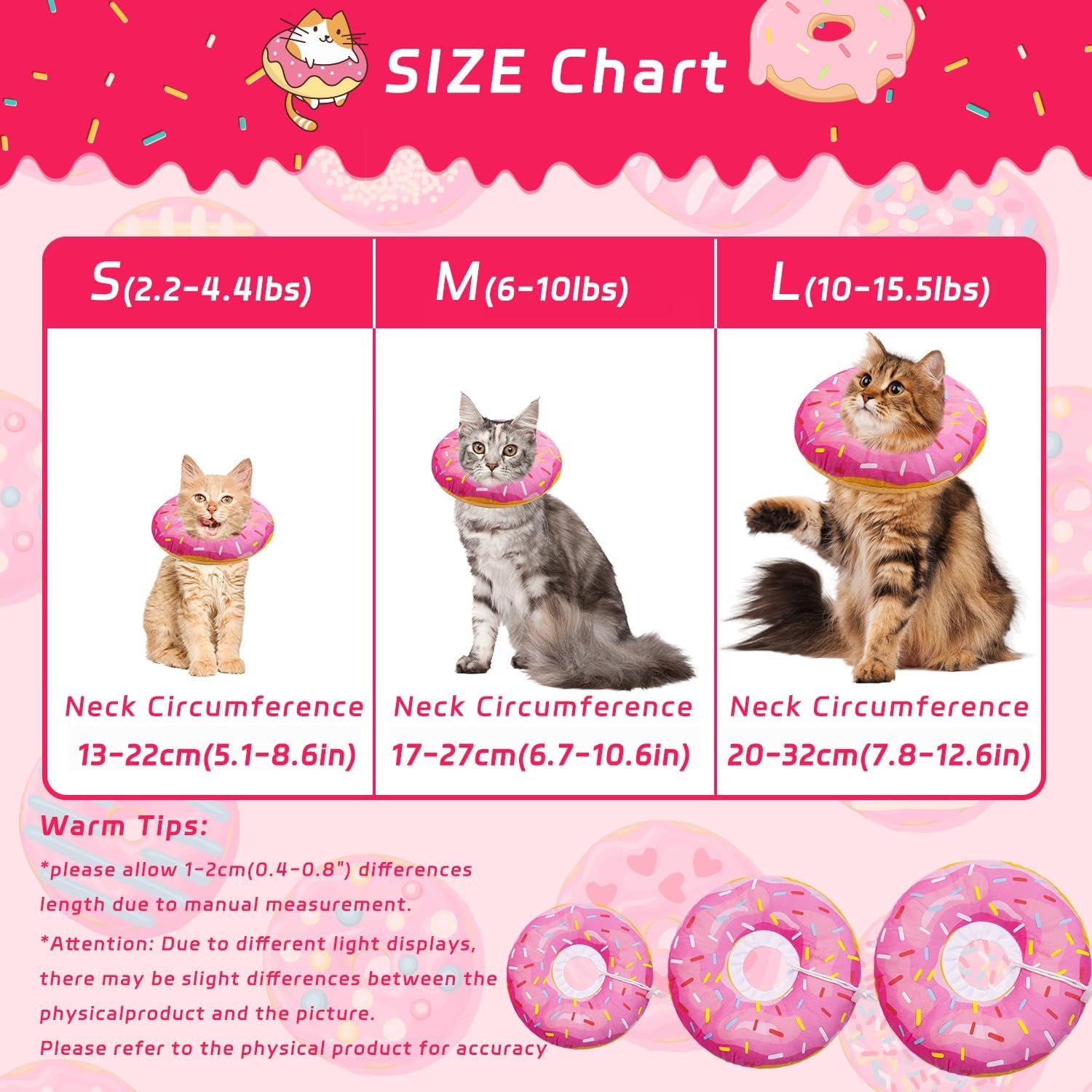 Seyezo Cat Cone Collar Soft, Adjustable Cat Recovery Collars Spay Cones to Stop Licking, Cute Donut E Collar after Surgery, Anti-Lick Wound Healing Elizabethan Collar for Kittens (Donut Pink, Small)