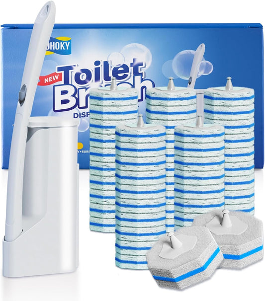 Disposable Toilet Brush Cleaning System with 50Pcs Refills Pads Replacement Heads, Toilet Cleaning Stick, Wall Mounted Wand Kit Bathroom Maintenance, Toilet Bowl Cleaner Brush Holder and Set