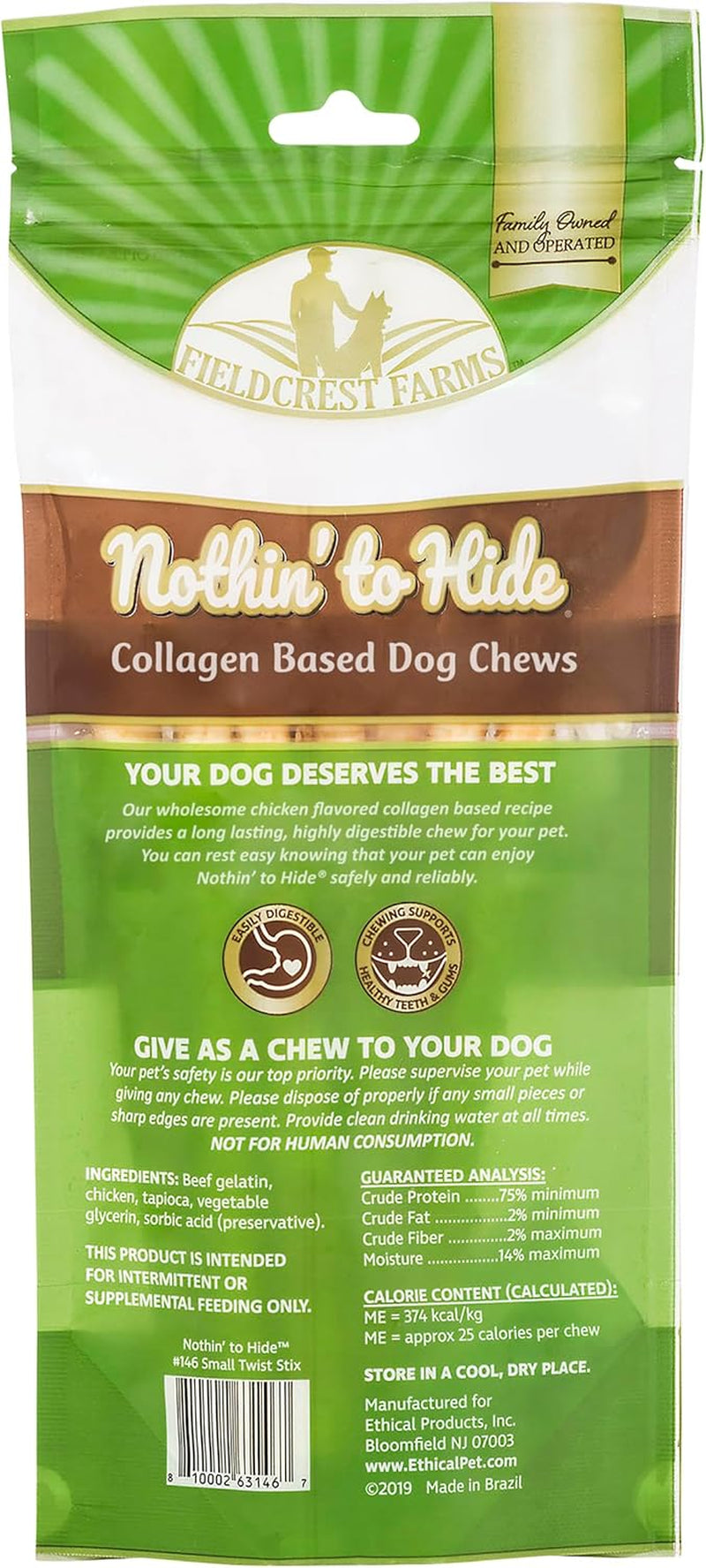 Fieldcrest Farms Nothin' to Hide Twist Stix, Chicken Flavor, Easily Digestible, Supports Skin, Coat, Joints & Muscles, for Moderate Chewers under 15Lbs, 10 Pcs