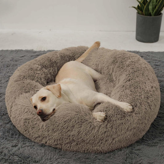 HACHIKITTY Calming Donut Cuddler Dog Bed, round Fluffy Pet Bed with Sewn-In Cushion for Large Dogs,Washable, Large, Taupe, 30''