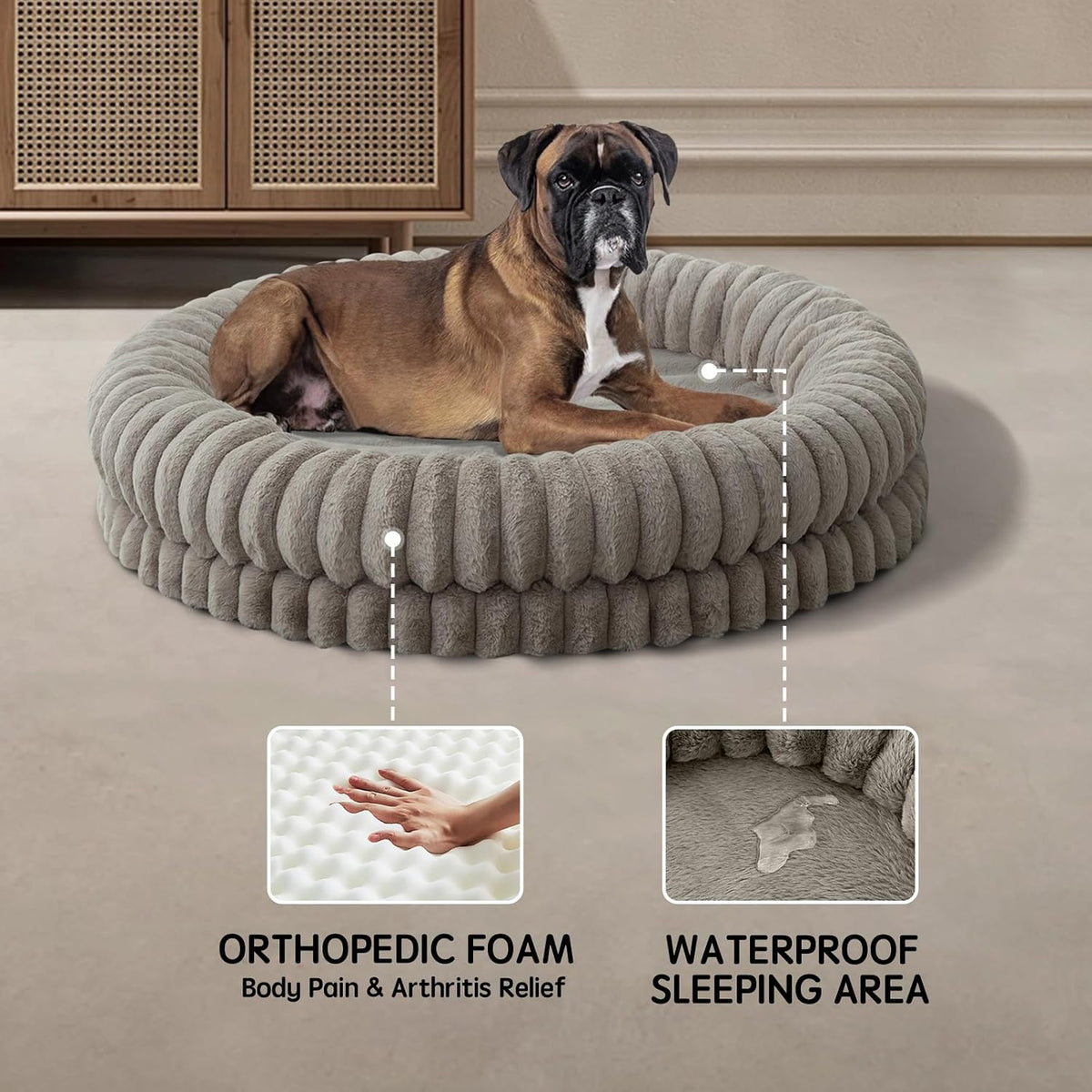 BALANCE Luxury Donut Dog Bed, 43 Inches round Dog Beds Large Sized Dogs Washable, Orthopedic Calming Dogs Bed for Pets with Anti-Slip Bottom, Oatmeal