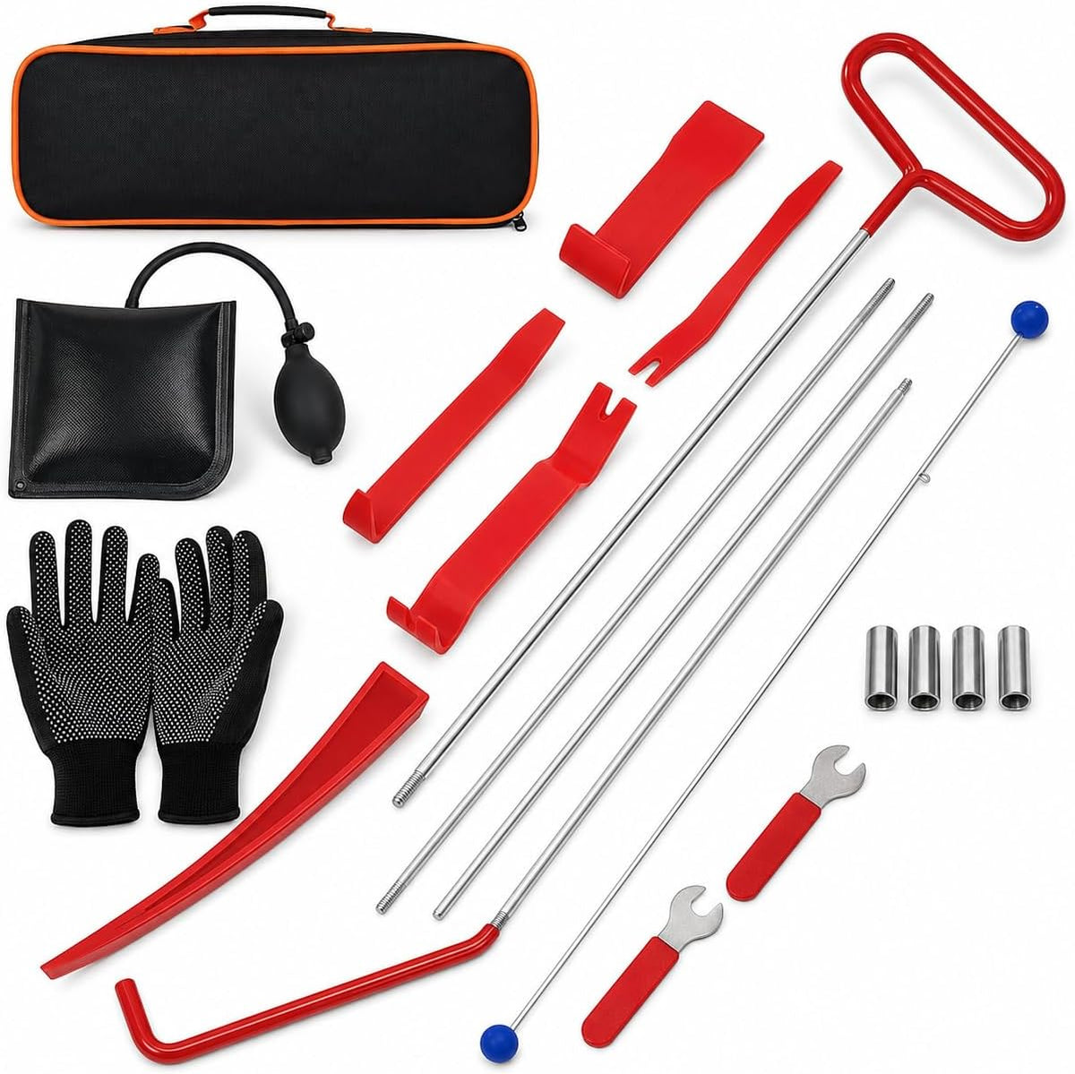 HIGH & SKY 17 PCS Car Tool Kit – Solid Steel Rod 68 Inch with Air Wedge & Pump | Multipurpose Car Repair Tool Kit for Vehicles, Home & Garage Use