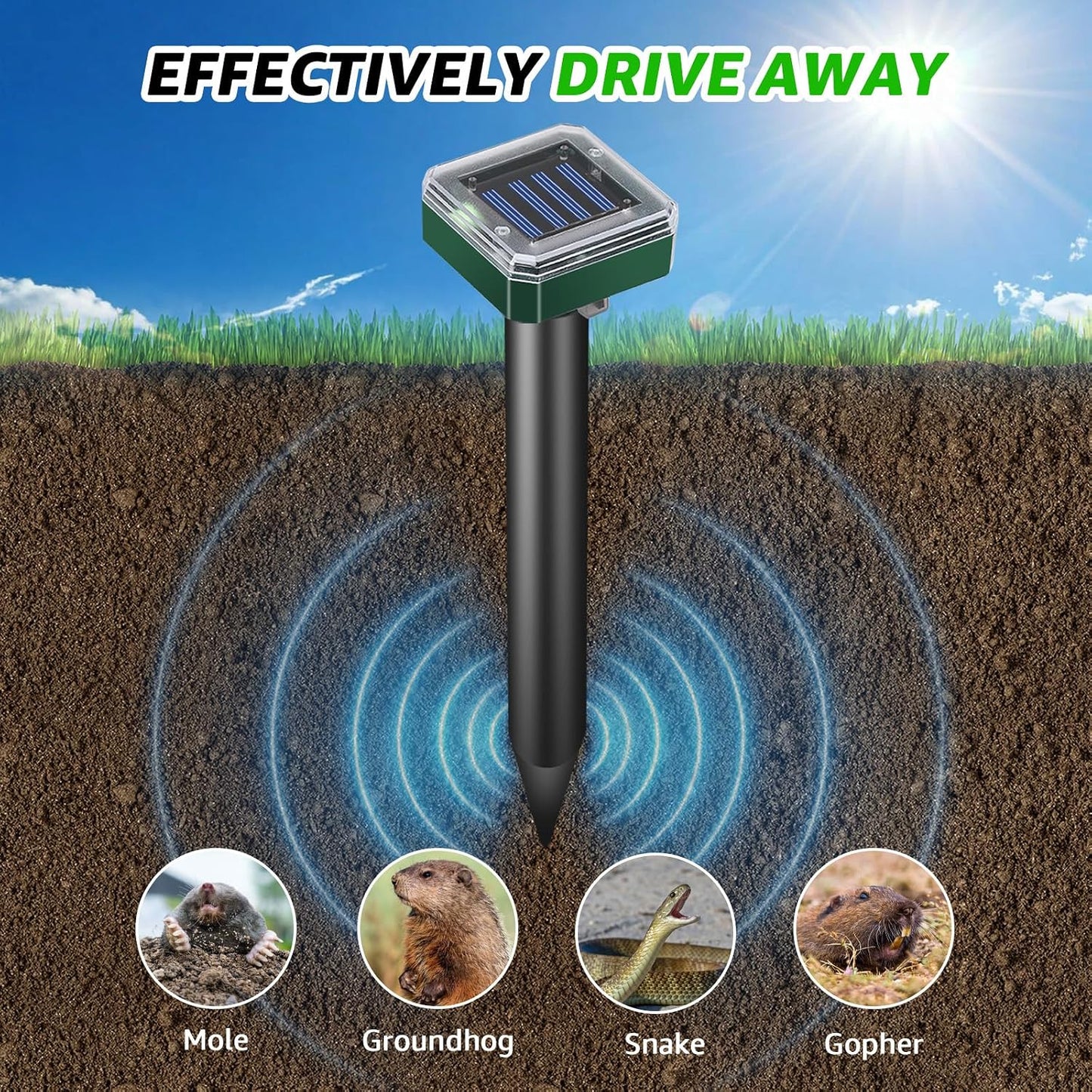 Mole Repellent Solar Powered Waterproof Outdoor Chipmunk Deterrent Solar Mole Repellent Ultrasonic for Gopher Vole Rat Squirrel Skunk Garden Yard Lawn Pest Control