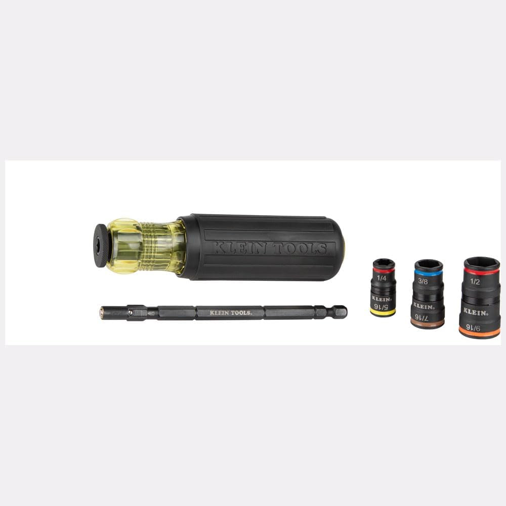 Klein Tools 32910 Impact Driver, 7-In-1 SAE Impact Socket Set with Handle, Flip Socket with 1/4, 5/16, 3/8, 7/16, 1/2 and 9/16-Inch Nut Driver Sizes and 1/4-Inch Bit Holder