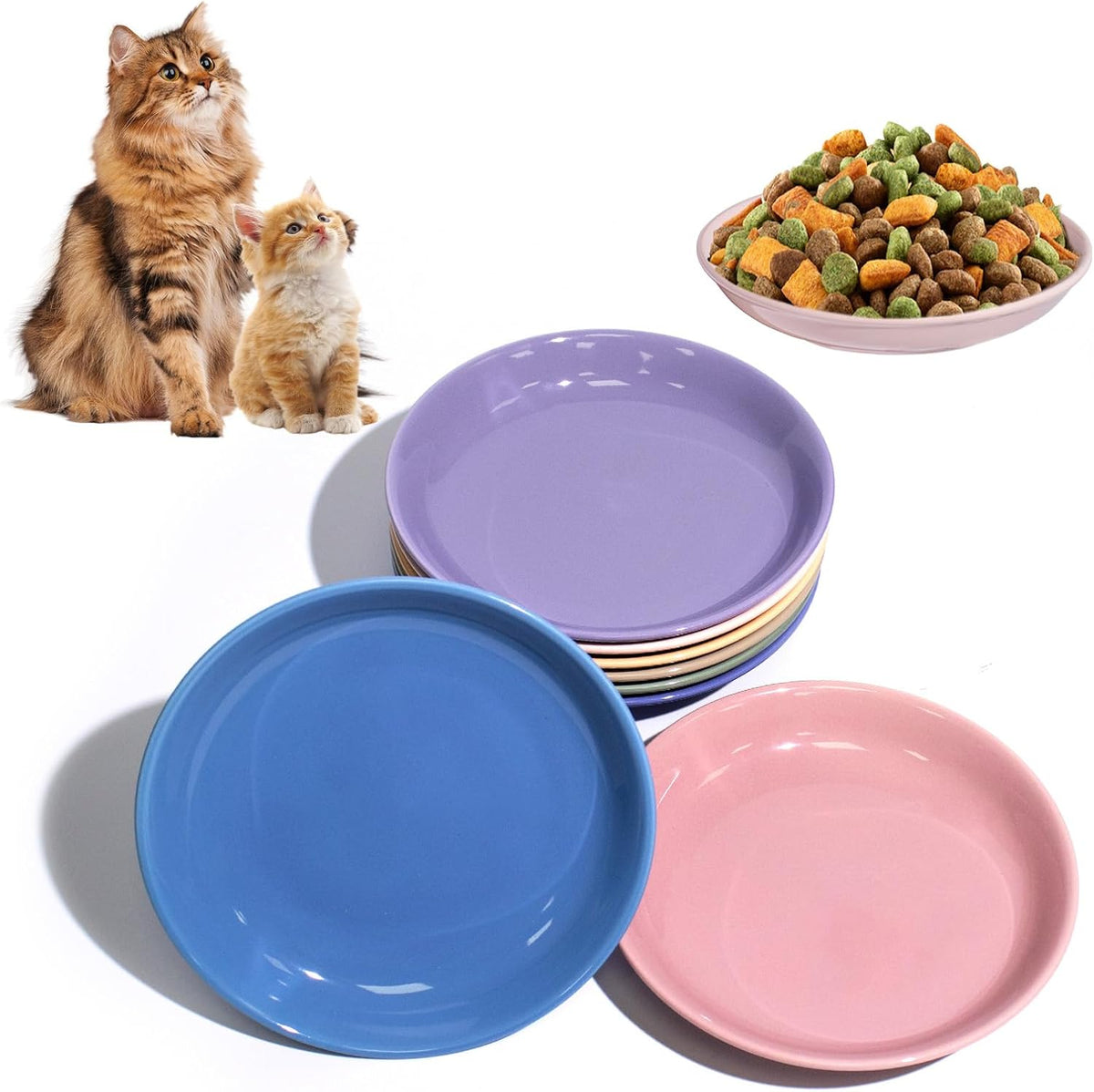 [8 Pack] Ceramic Cat Food Bowl, Colorful Cat Bowls Whisker-Friendly, 5.9" Shallow Wide Kitten Plates, Easy to Clean Indoor Feeding Dishes