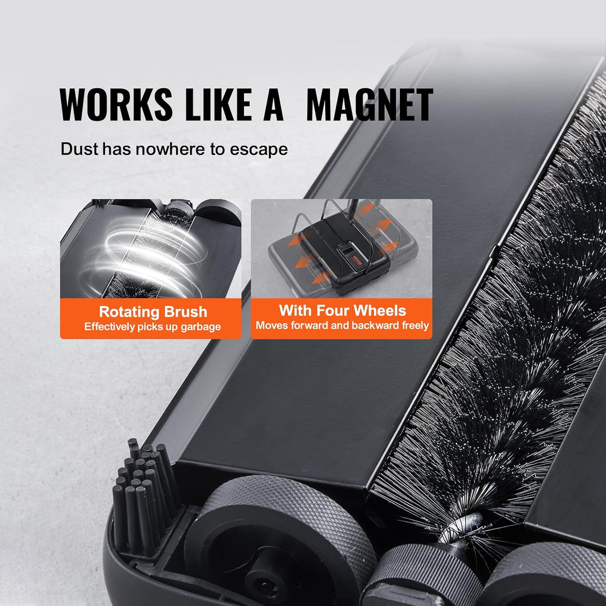 VEVOR Carpet Sweeper Manual, Floor Sweeper with 300 Ml Dustbin Capacity Easy to Empty, for Home Office Carpets Pet Hair Dust, Black