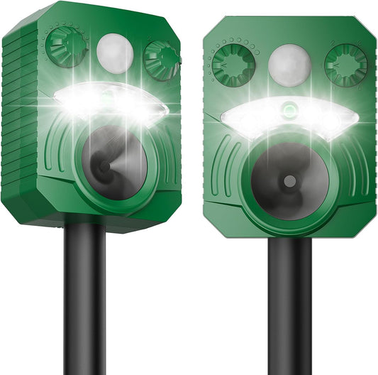 2 Pack Cat Repellent Outdoor Deer Repellent Device Dog Repeller Solar Animal Repellent Ultrasonic Squirrel Repeller Waterproof Racoon Fox with Motion Activated Sensor Flashing Light (Olive)
