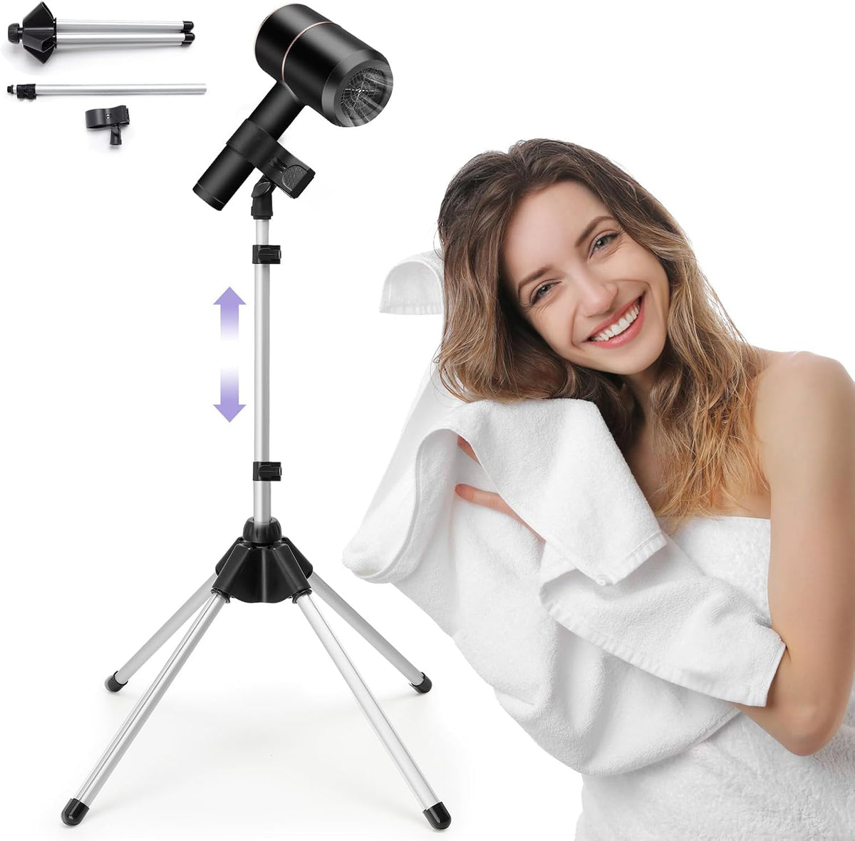 Adjustable Hair Dryer Stand, 29-59 Inch Hair Dryer Holder with Tripod and Universal Clip, 360-Degree Rotating Blow Dryer Stand for Bathroom, Vanity, Makeup Roo, Black