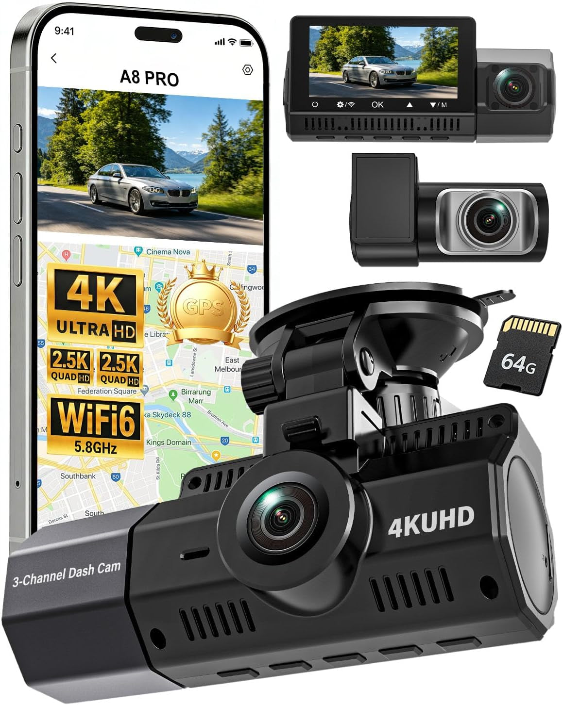 3 Channel Dash Cam Front and Rear inside for Rideshare & Taxi