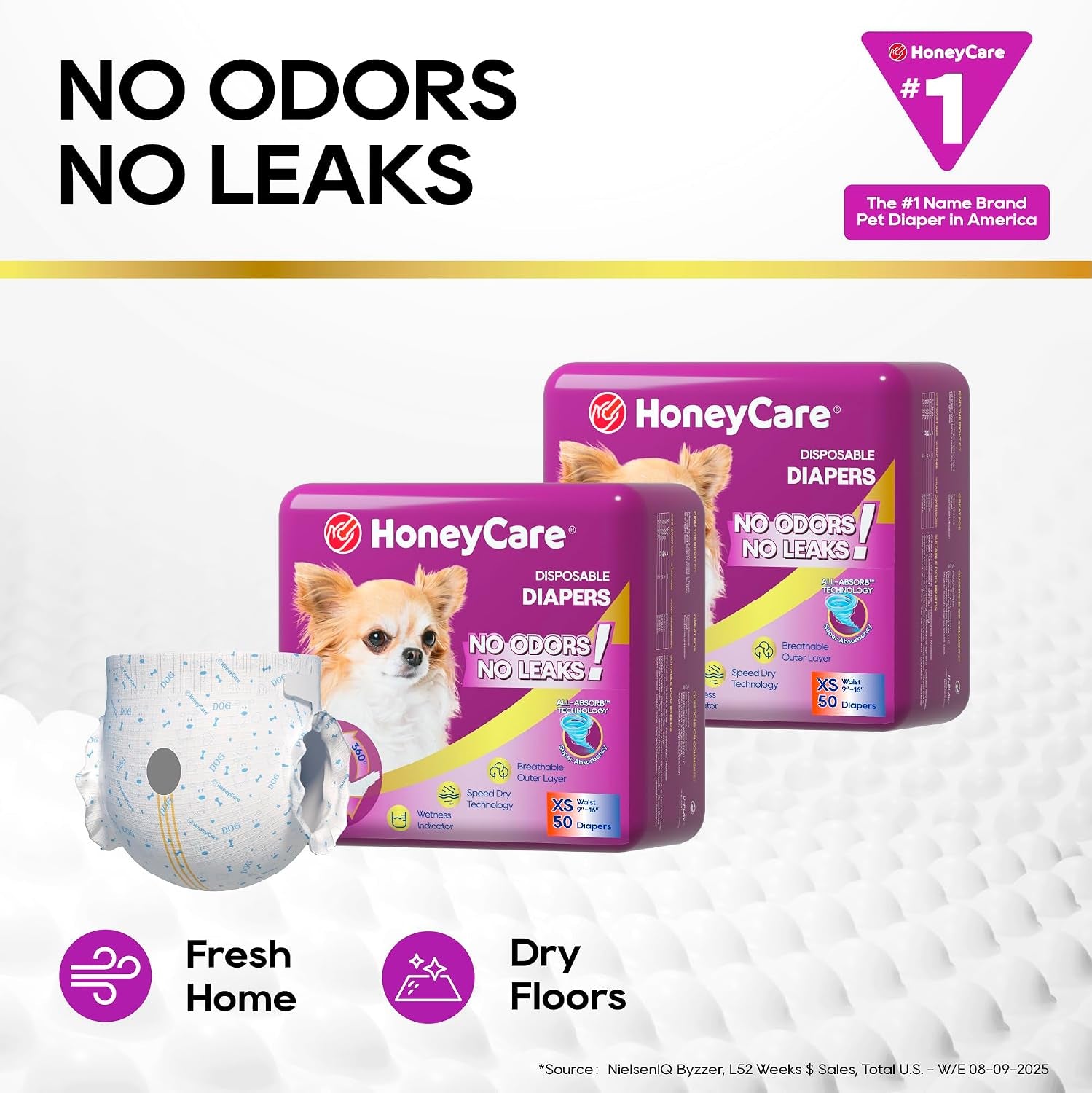 HONEY CARE All-Absorb Disposable Female Dog Diapers Extra Small Size, Improved, 50 Count, Super Absorbent, Breathable, Wetness Indicator (Pack of 1, 50 Count Total)