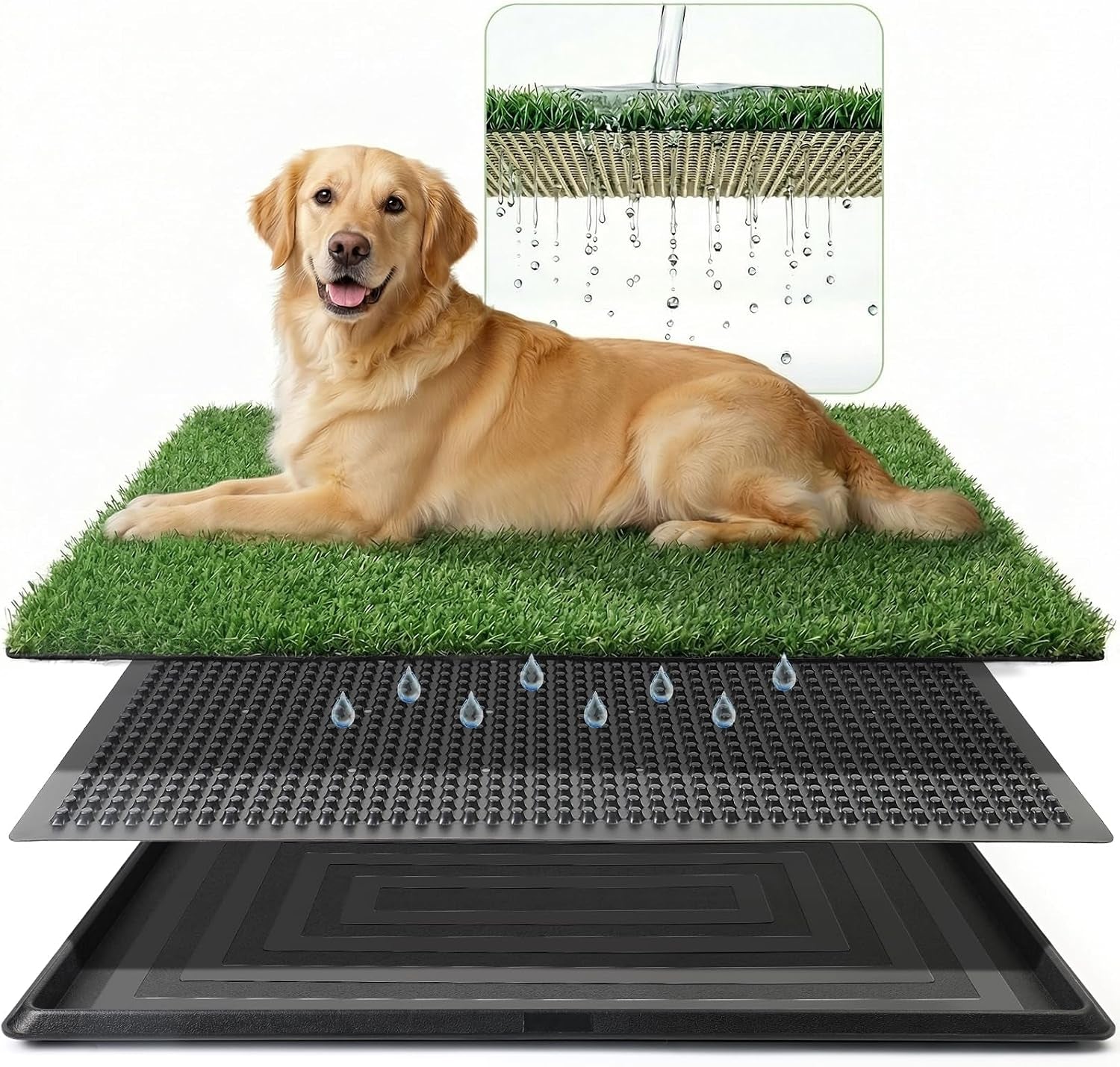 Powools Grass Pad for Dogs Potty - 3-Layer Reusable Dog Grass Pad with Tray, Washable Artificial Grasses Dog Potty Tray with Drainage Holes, Indoor & Outdoor Grass Pee Pad for Dogs, 30" X 20"