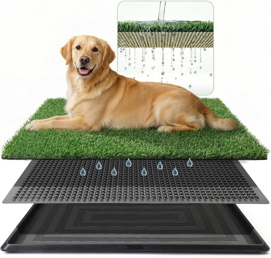 Powools Grass Pad for Dogs Potty - 3-Layer Reusable Dog Grass Pad with Tray, Washable Artificial Grasses Dog Potty Tray with Drainage Holes, Indoor & Outdoor Grass Pee Pad for Dogs, 30" X 20"