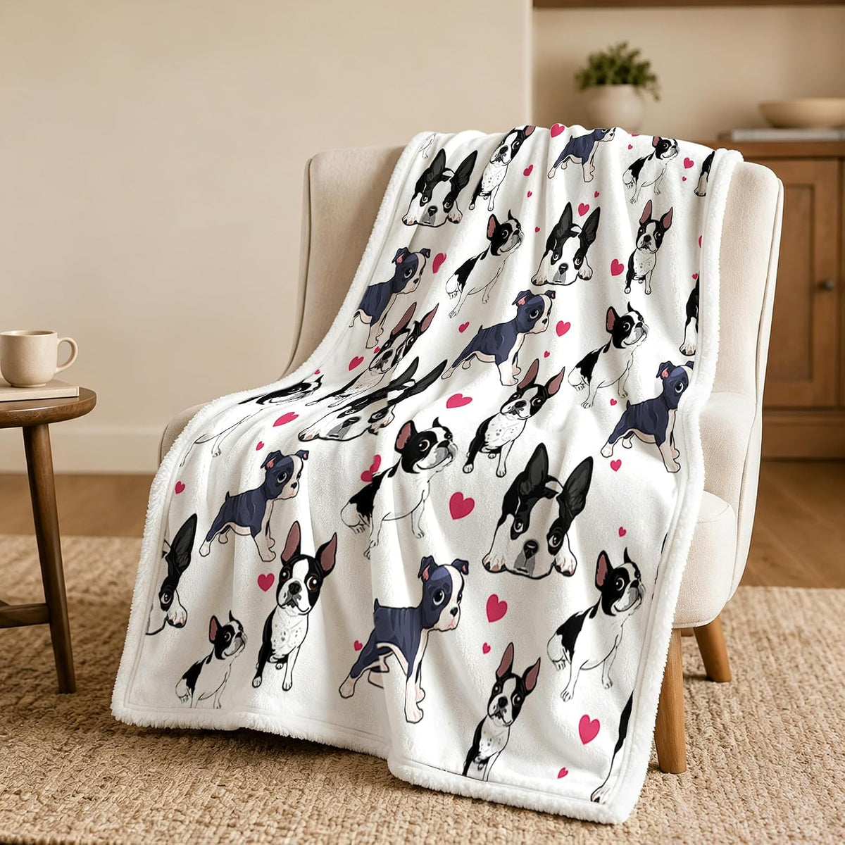 Blessliving Boston Terrier White Throw Blanket with Dense Dog Patterns