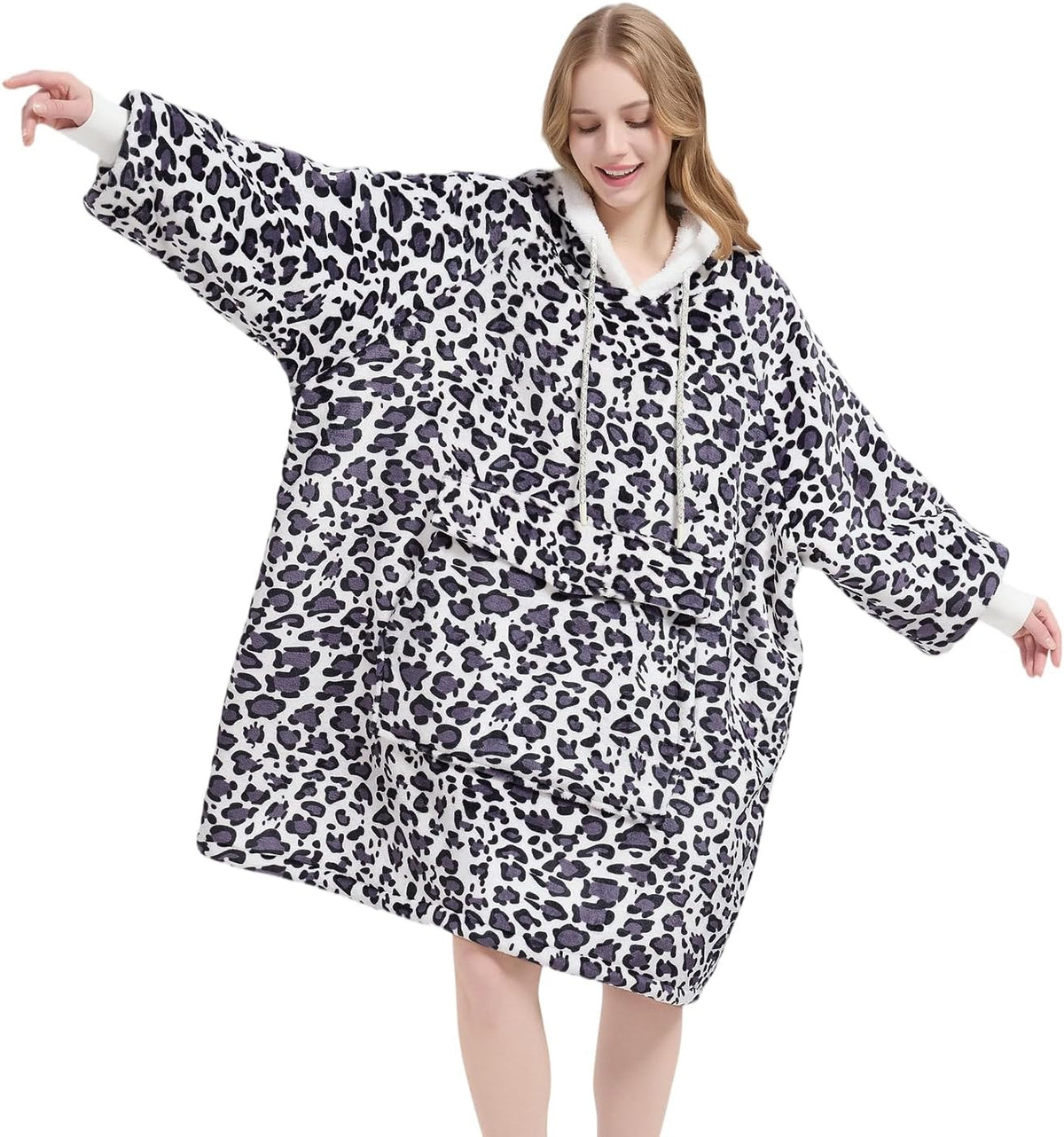 Qeils Wearable Blanket Hoodie for Women, Comfy Sherpa Sweatshirt Blanket as Birthday Gifts, Oversized Pullover Jacket Blanket Hoodie for Adult (Purple Leopard, Adult)