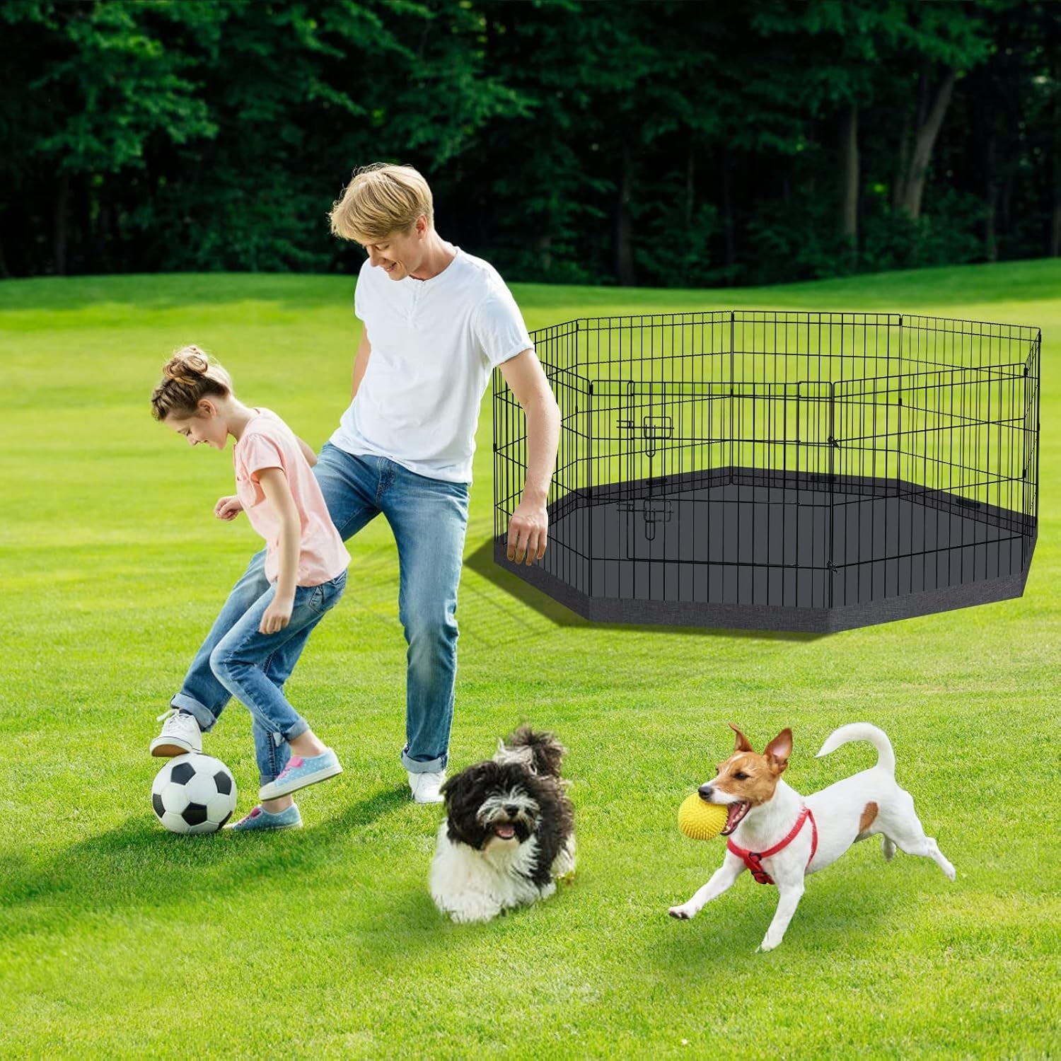 Dog Pen Pet Playpen Dog Fence Indoor Foldable Metal Wire Exercise Puppy Play Yard Pet Enclosure Indoor Outdoor 8 Panels 24 Inch with Bottom Pad/Top Cover (Black with Bottom Pad)