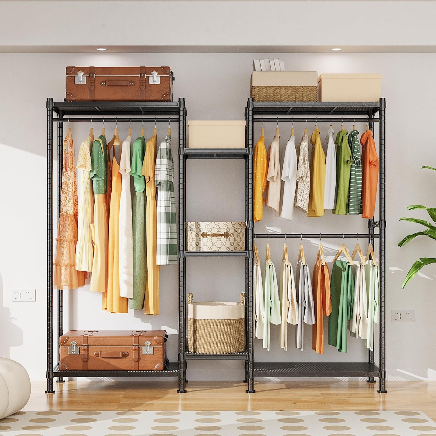LEHOM G6 Clothes Rack Heavy Duty Freestanding Garment Rack with Shelves, Metal Clothing Closet Wardrobe Storage System for Hanging Clothes, 76.8" D X 17.7" W X 74.4" H, Hold 800 Lbs, Black