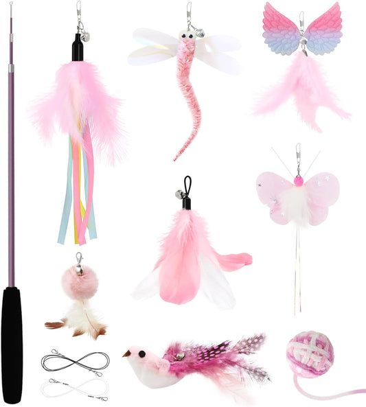 SONGWAY Interactive Cat Wand Toy Set - Retractable Cat Teaser Wand with 8 PCS Cat Toy Attachments, Dragonfly Butterfly Bird Mouse Yarn Ball Tassel Feather Cat Toy Refills for Indoor Cats Kittens, Pink