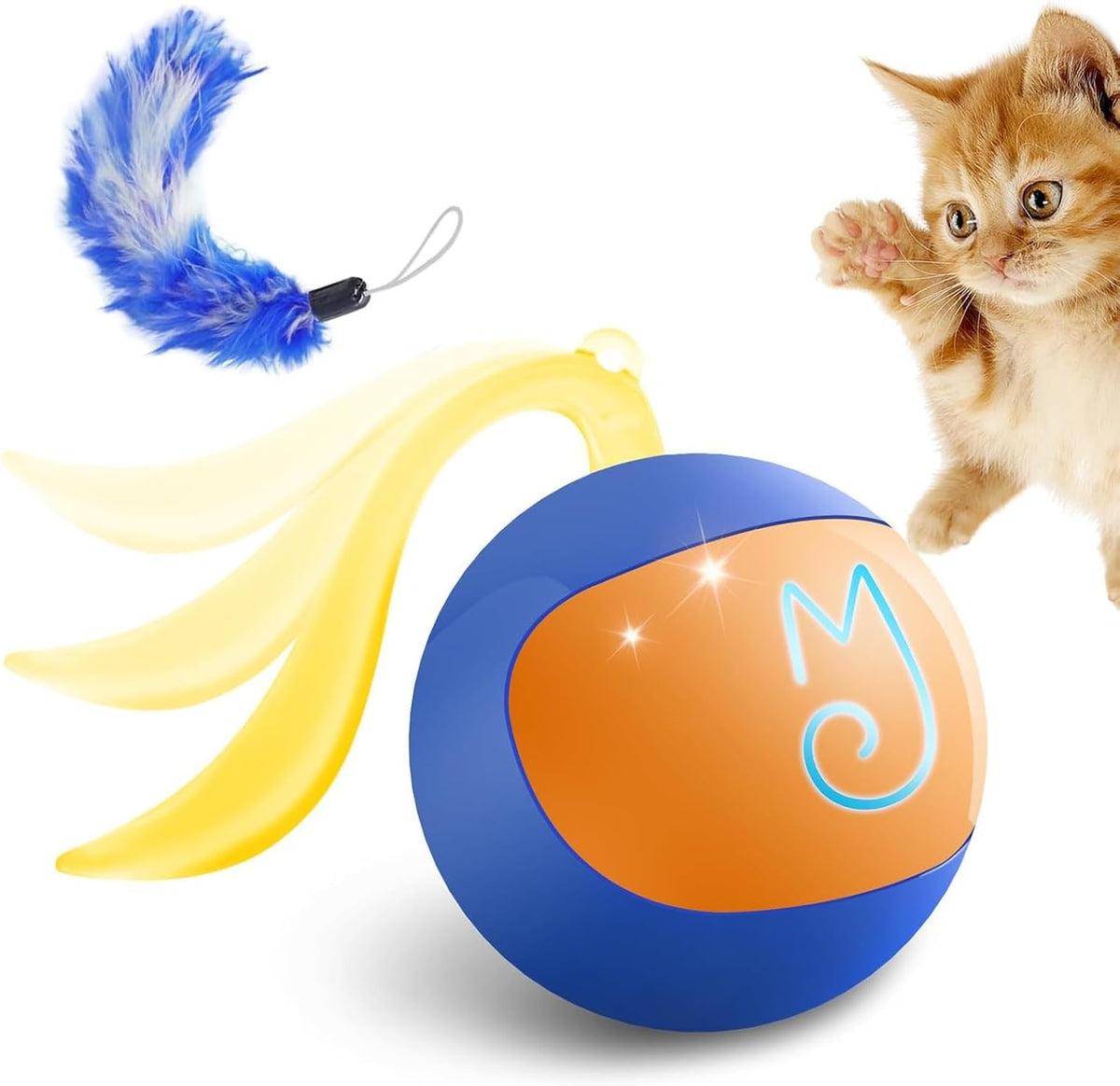Migipaws 2-In-1 Interactive Cat Toy Ball – Paw Friendly Kicking Chasing Ball with Bonus Fluffy Tail for Indoor Cats Random Rolling Auto Escape Corners Tangle-Free Quiet USB Rechargeable (Blue)