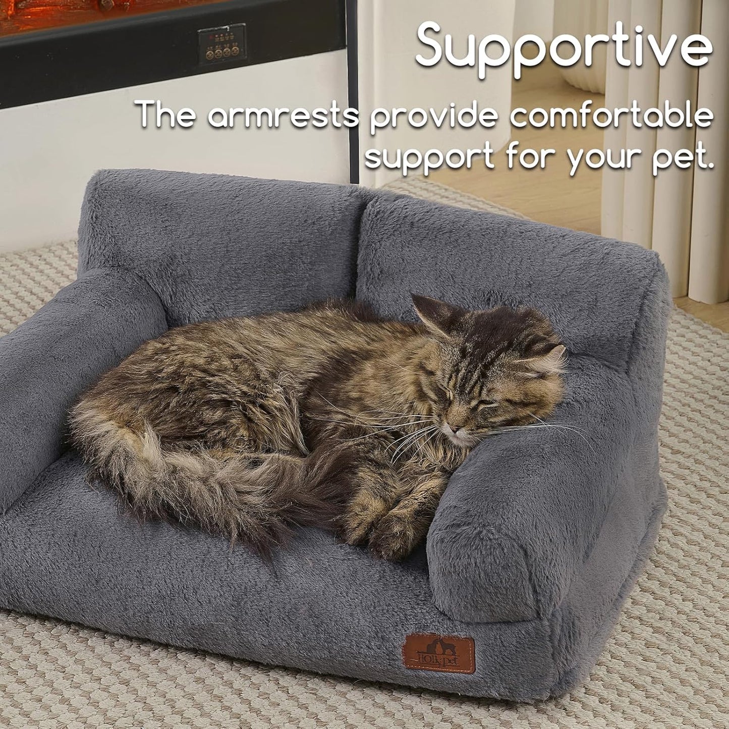 Hollypet Fluffy Dog Cat Bed Pet Couch Beds Plush Soft Warming Washable Puppy Bed for Small Medium Dogs and Large Cats, Gray, 24" L X 18" W X 10" Th