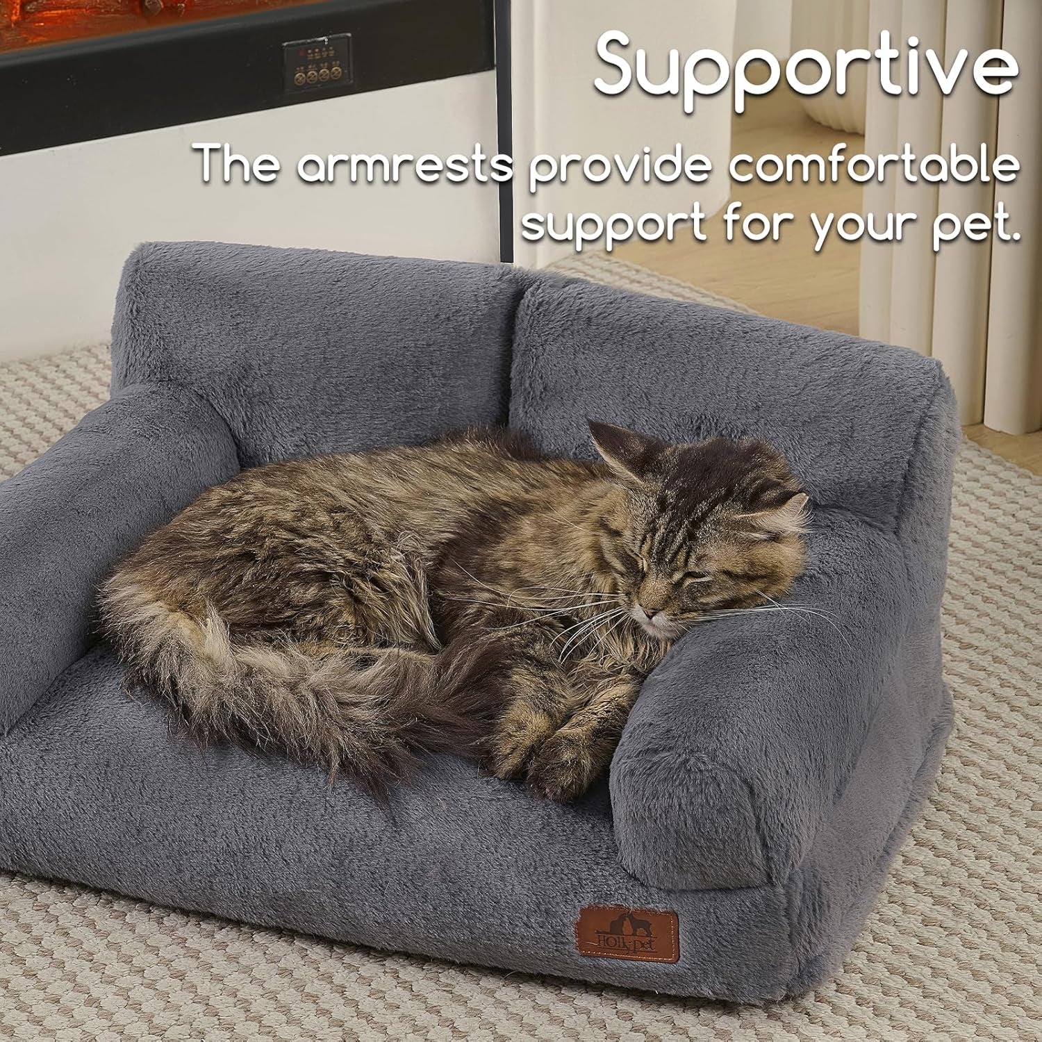 Hollypet Fluffy Dog Cat Bed Pet Couch Beds Plush Soft Warming Washable Puppy Bed for Small Medium Dogs and Large Cats, Gray, 24" L X 18" W X 10" Th