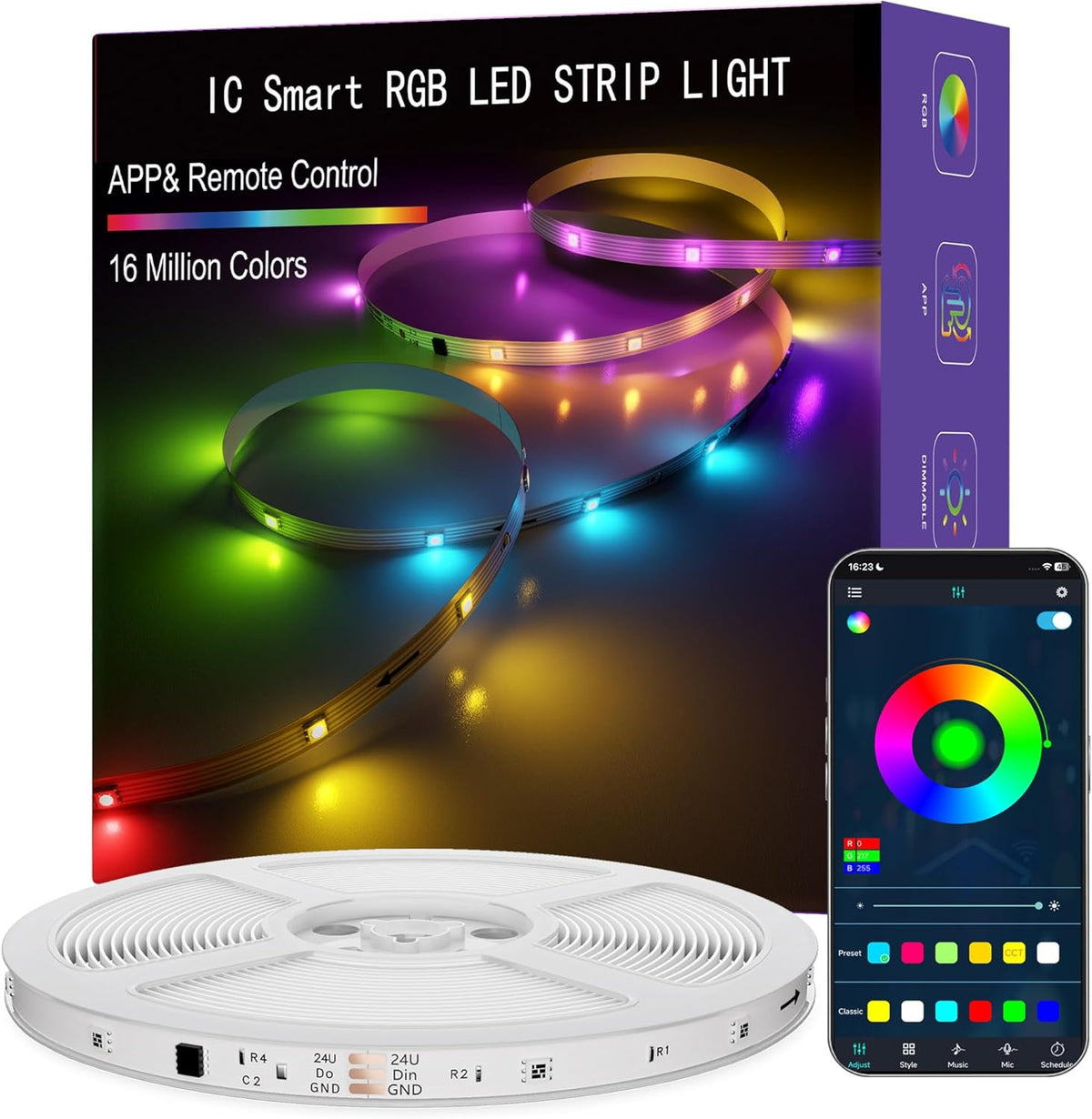 50FT RGB IC LED Strip Light, Led Lights for Bedroom, Smart Control
