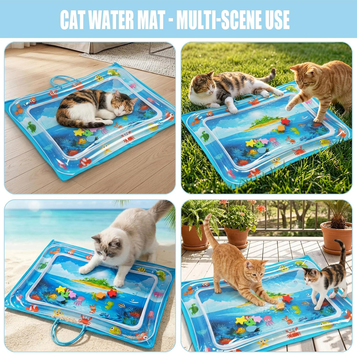 Cat Water Mat with Protective Bag, Scratch Resistant Thickened PVC Water Play Mat, Summer Cooling Interactive Water Filled Mat, Portable Foldable Paw Proof Cat Toy Mat for Indoor Outdoor (A)