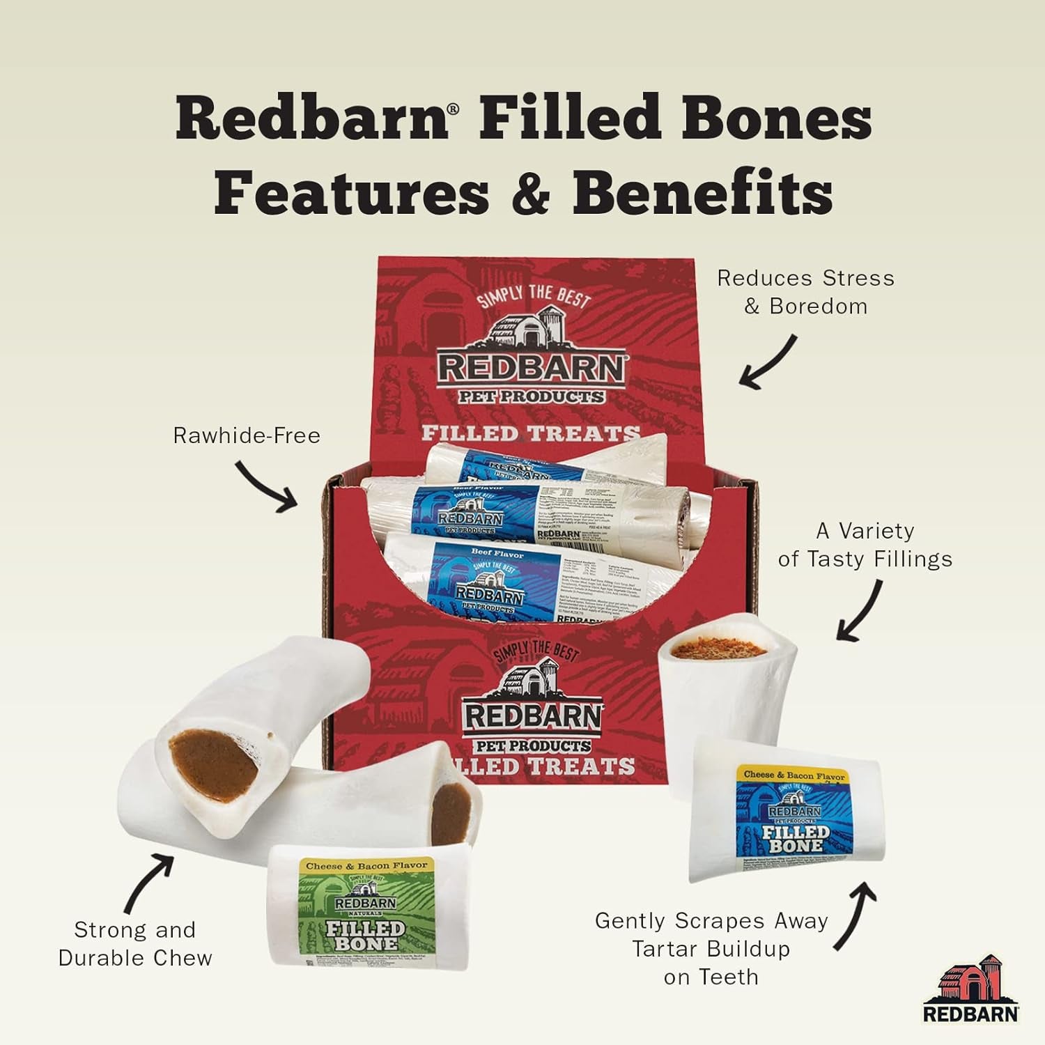 Redbarn Pet Products Large Filled Dog Bones, Cheese & Bacon Flavor - Long Lasting Stuffed Femur Chew Treat Made in USA - 4 Count - Packaging May Vary