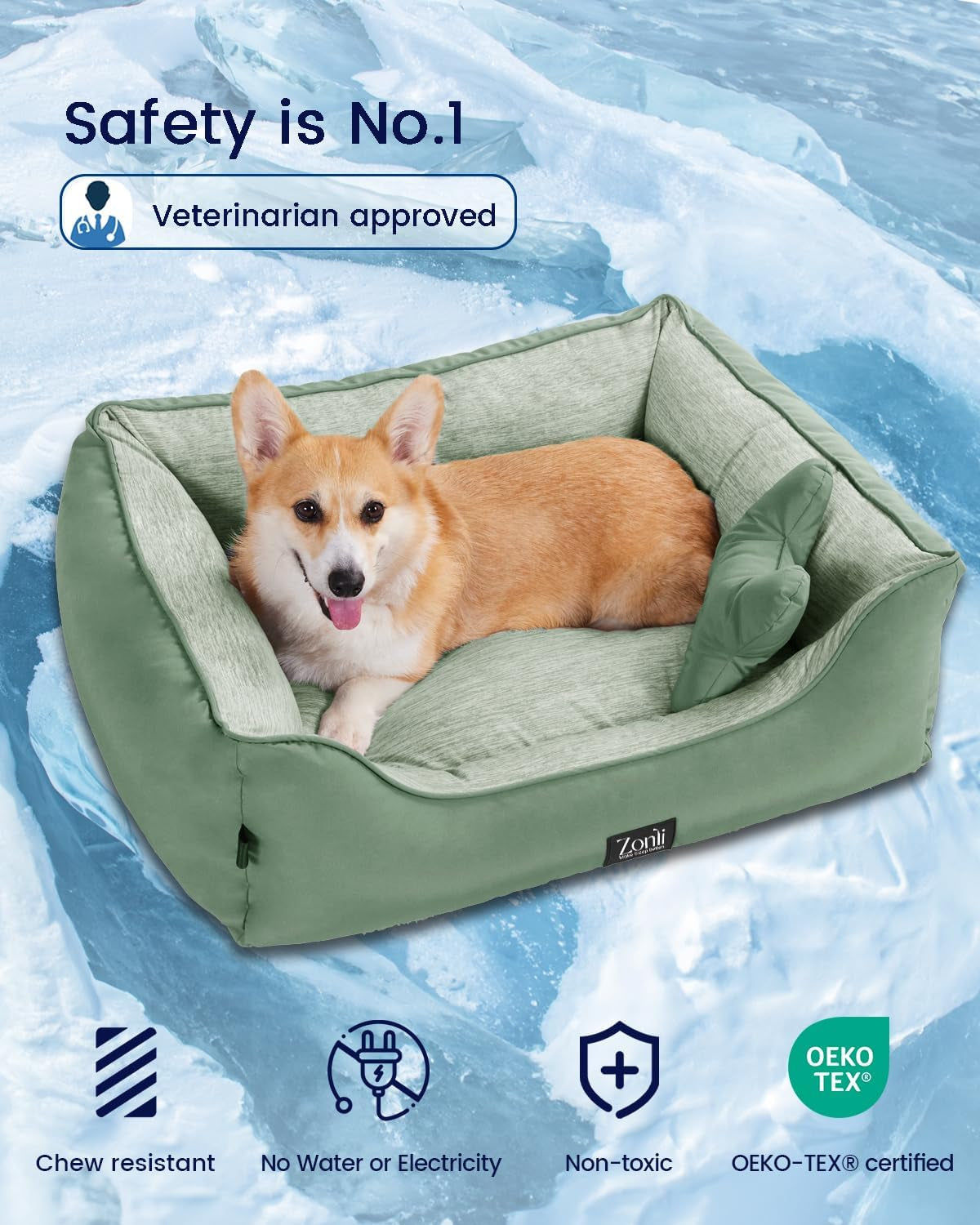Zonli Cooling Dog Bed, Dog Bed for Small Dogs & Cats, Dog Cooling Bed with Bolsters Waterproof, for Dogs up to 15 Lbs, Pet Bed with Washable Cover, Non-Slip Bottom, without Gel, Mint Green