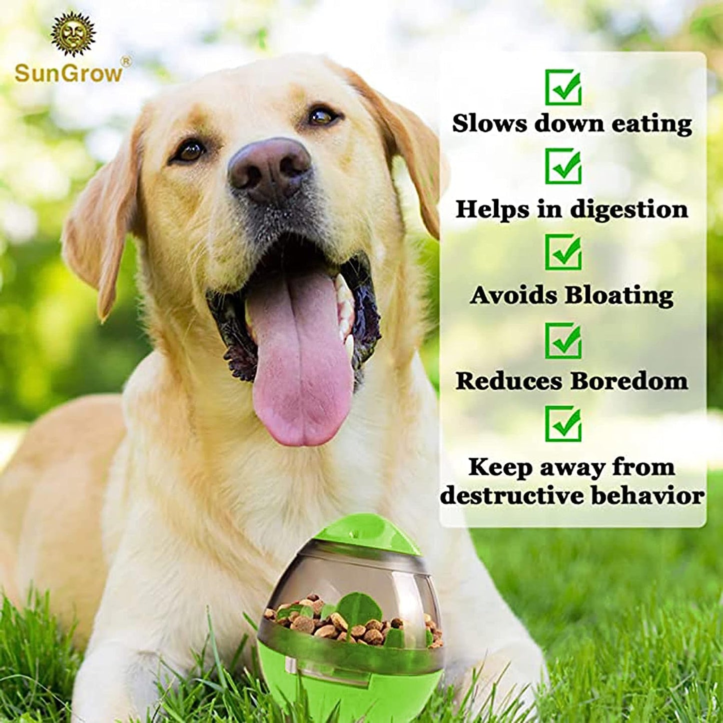 Sungrow Puppy, Small Dog Breeds, and Cat Treat Ball, Slow Pet Feeder, Boredom Buster, Adjustable Food Dispenser, Ends Naughty Chewing and Bloat, Encourages Exercise, Interactive Puzzle Feeder, 4.6”