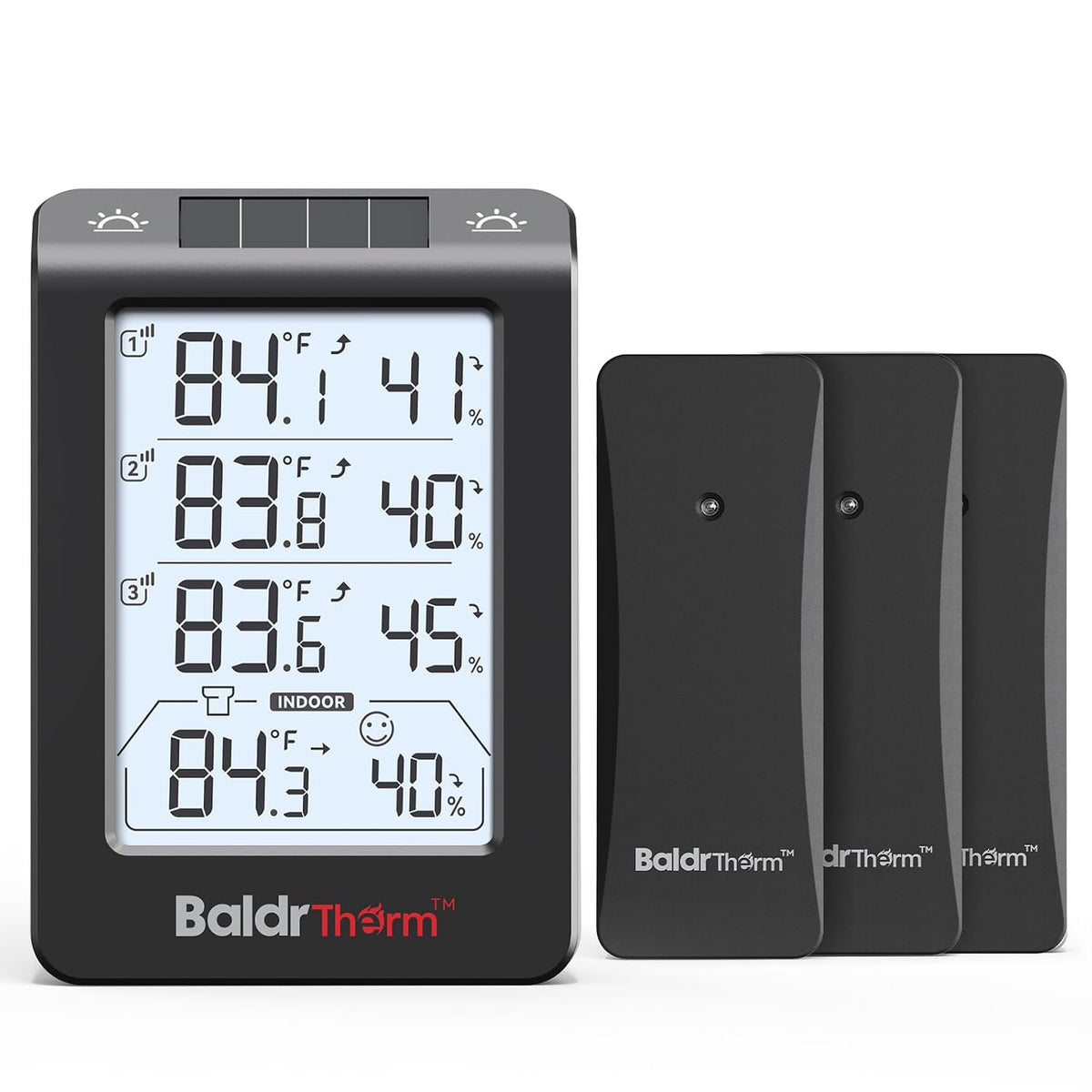 Baldrtherm Indoor Outdoor Thermometer Wireless, Temperature Humidity Monitor with 3 Remote Sensors, 4.8" Digital Display 330Ft Range Real-Time Alerts Smart Backlight Hygrometer Thermometer, Black
