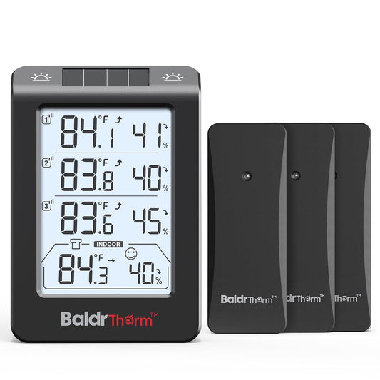 Baldrtherm Indoor Outdoor Thermometer Wireless, Temperature Humidity Monitor with 3 Remote Sensors, 4.8" Digital Display 330Ft Range Real-Time Alerts Smart Backlight Hygrometer Thermometer, Black