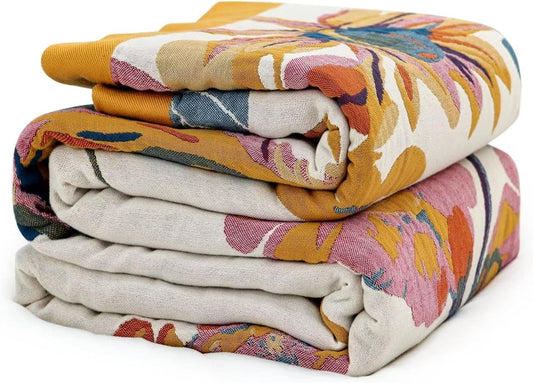 MSGKV Boho Throw Blanket 60''X80'',100% Cotton Blanket for Couch Bed, Spring Breathable Quilt Farmhouse Home Decor Soft Lightweight Picnic Blankets