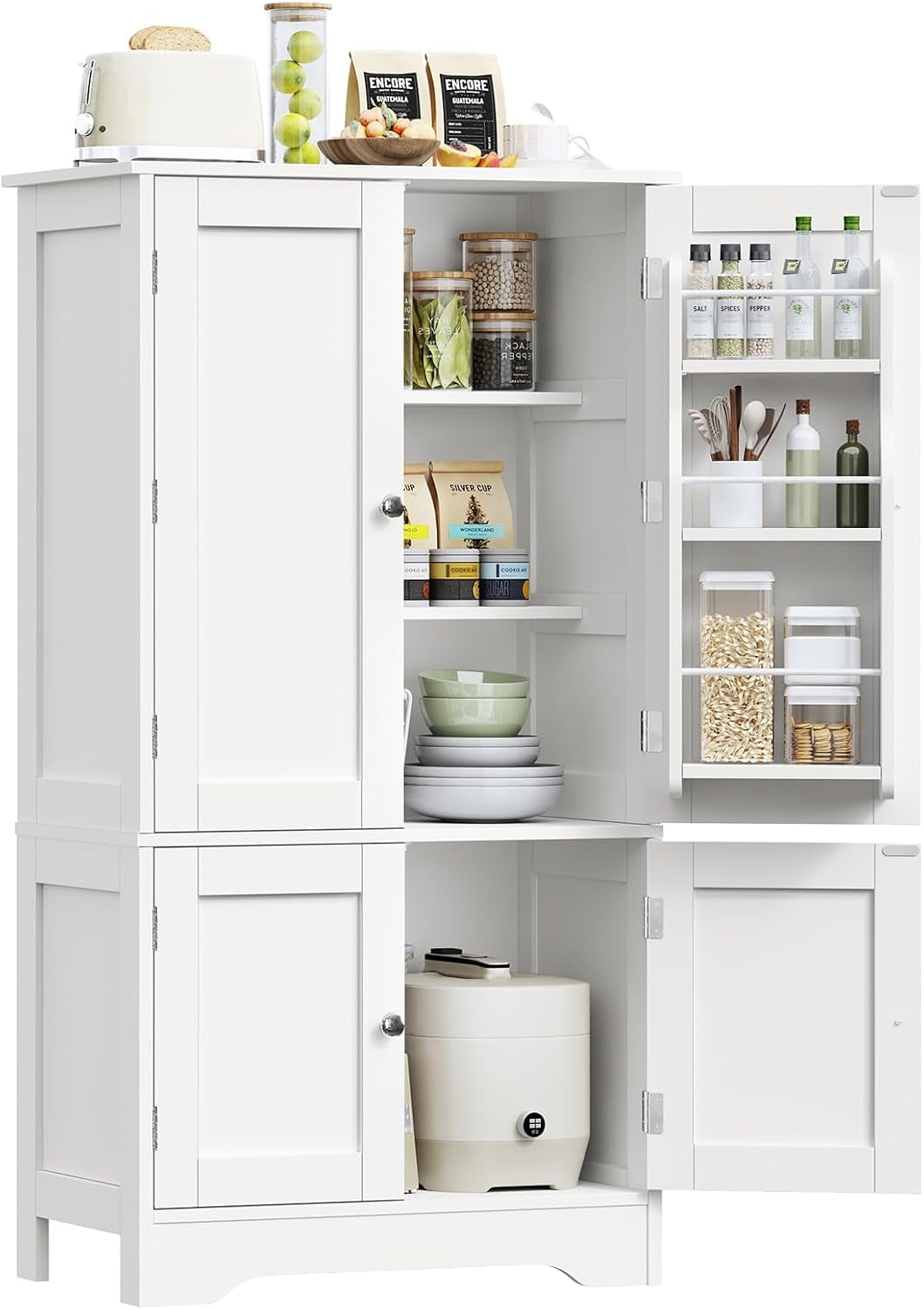 43"H Pantry Cabinet with 4 Doors, Kitchen Cabinet with 6 Door Shelves