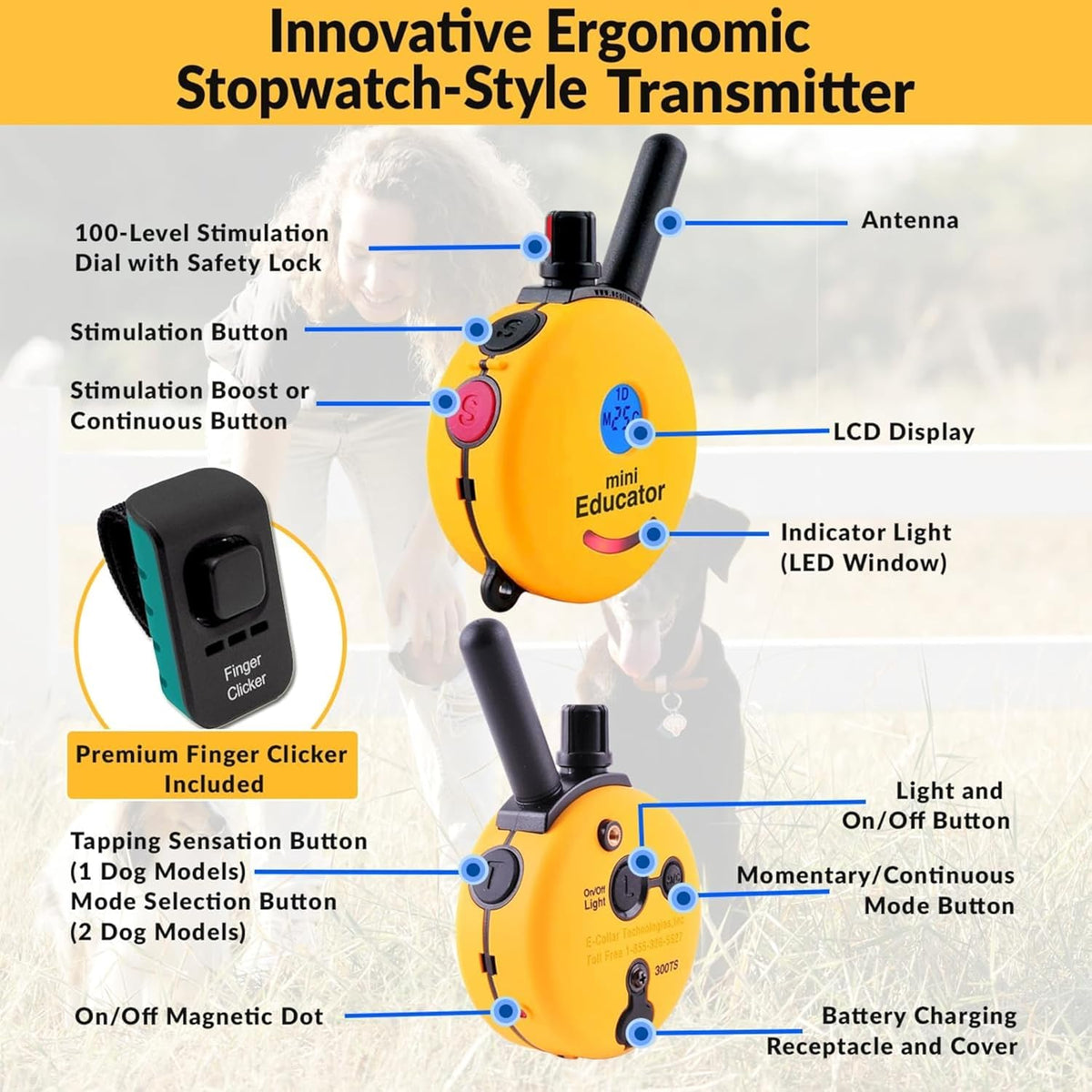 E-Collar ET-300 Mini Educator Dog Training Collar & Finger Clicker, Yellow