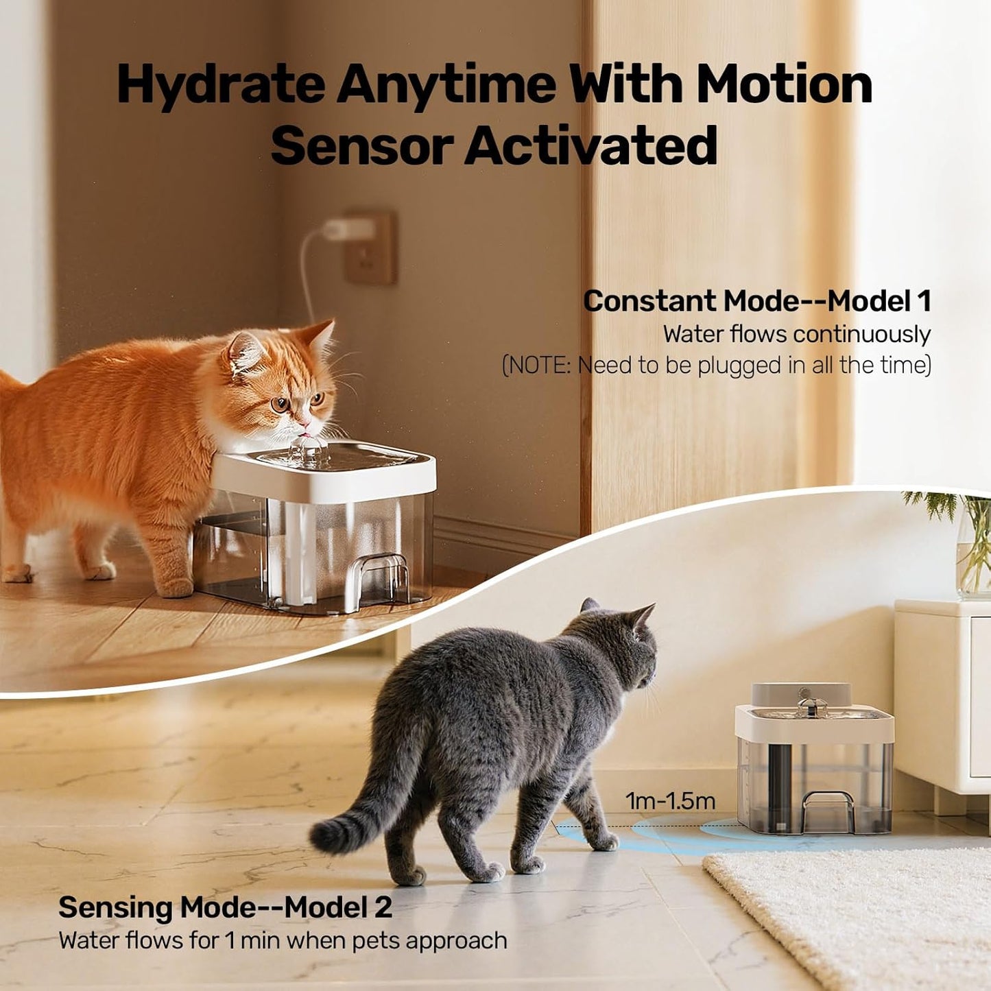 Cat Water Fountain, Wastewater Separation & No Filter Cotton, Pet Water Dispenser with 101Oz/3L Large Capacity Tank, Wireless Automatic Water Fountains for Cats Indoor Cat Watering Supplies