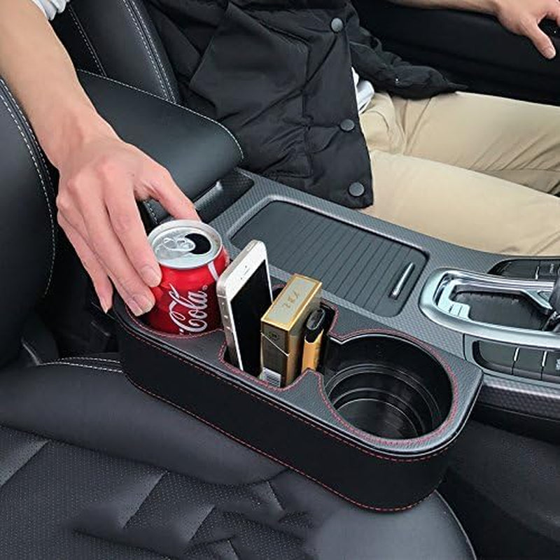 IOKONE Car Cup Holder, PU Leather, Car Seat Gap Filler Organizer, Black