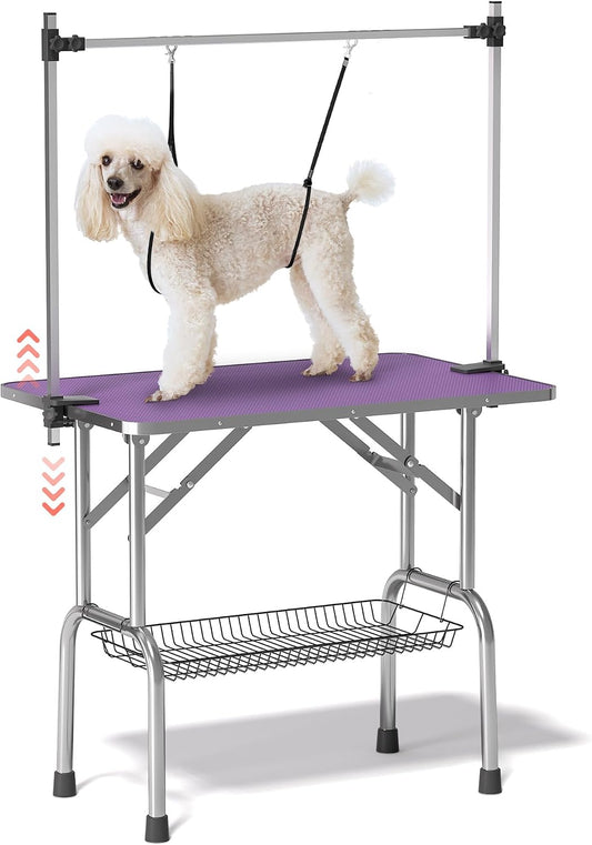 Lyromix 42'' Stainless Steel Pet Dog Grooming Table, Arm/Noose/Tray, Purple