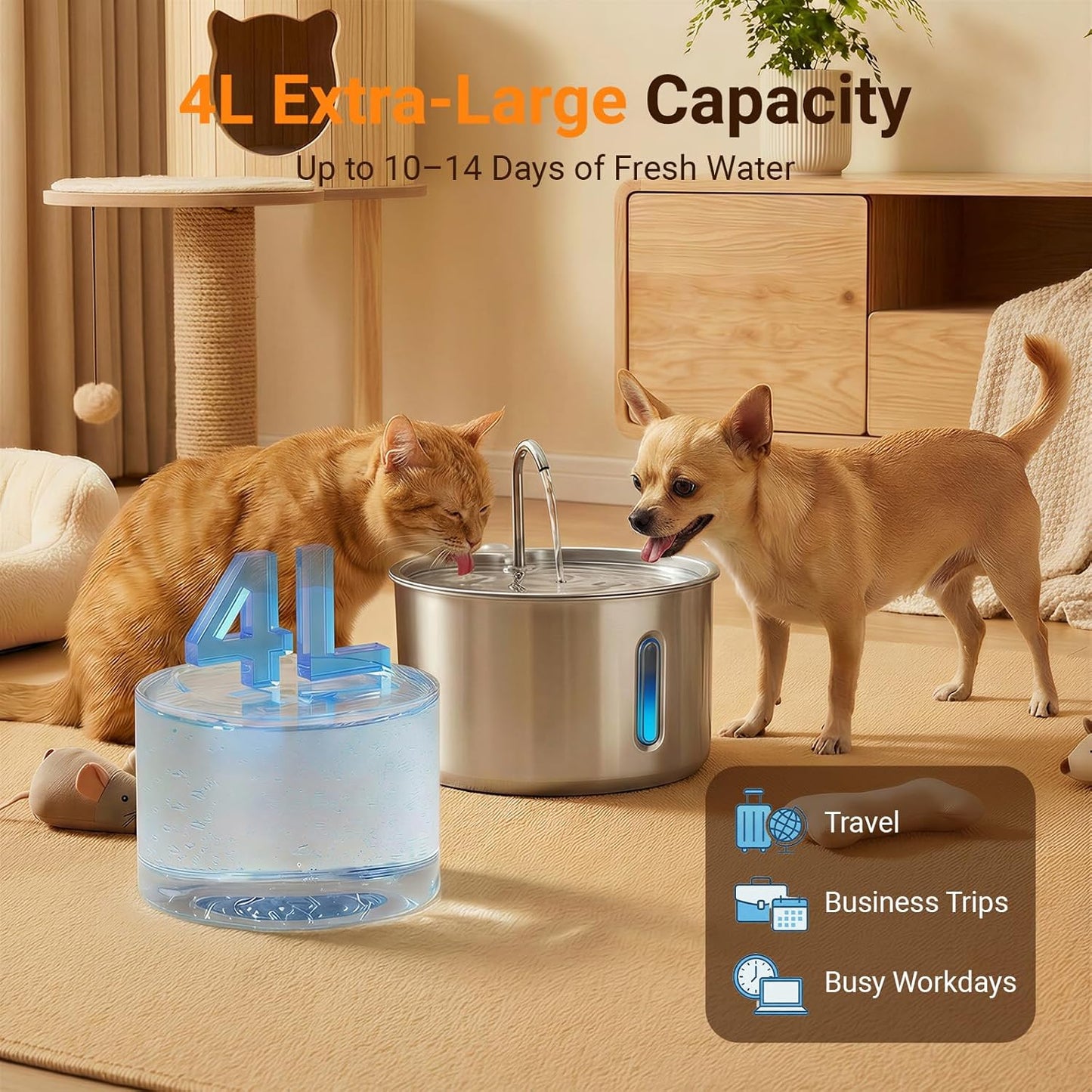 Stainless Steel Cat Water Fountain, 4L/135Oz Large Capacity Automatic Pet Water Fountain for Cats & Small Dogs, Quiet USB Powered Pet Water Dispenser with 4 Filters & 4 Sponges
