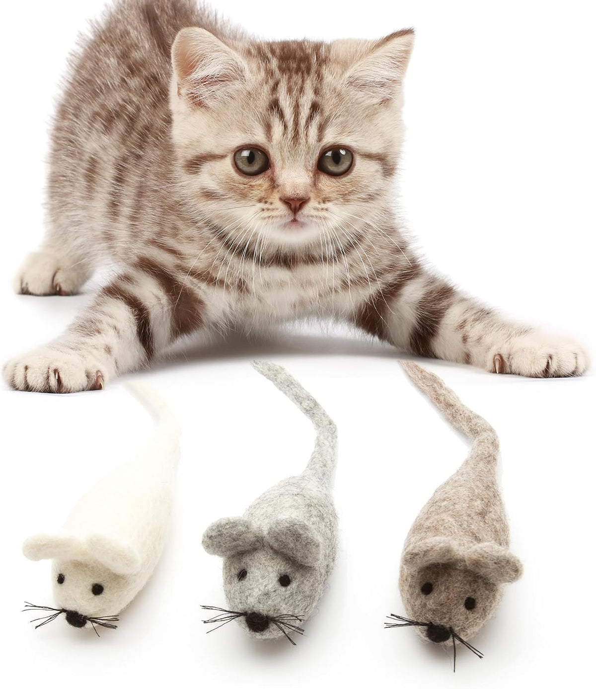 Glaciart One Felt Mouse Cat Toy – 3 Pcs | Soft Fuzzy Enrichment 100% Natural Wool - Interactive Catnip Play Cat Toy Set - Safe for Pets, Non-Azo Colored Dyes