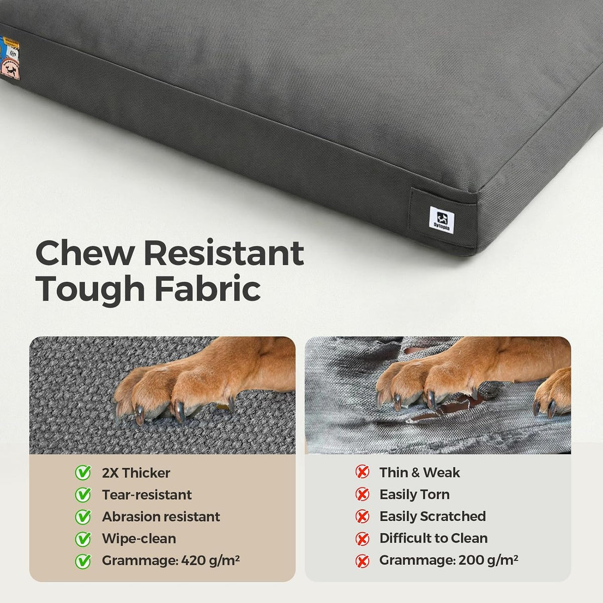Sytopia 42 Inch Canvas Indestructible Dog Bed for Aggressive Chewers, Durable Chew Proof Dog Bed with Waterproof Machine Washable Removable Cover, Indoor Patio Pet Pad for Crate, Dark Grey