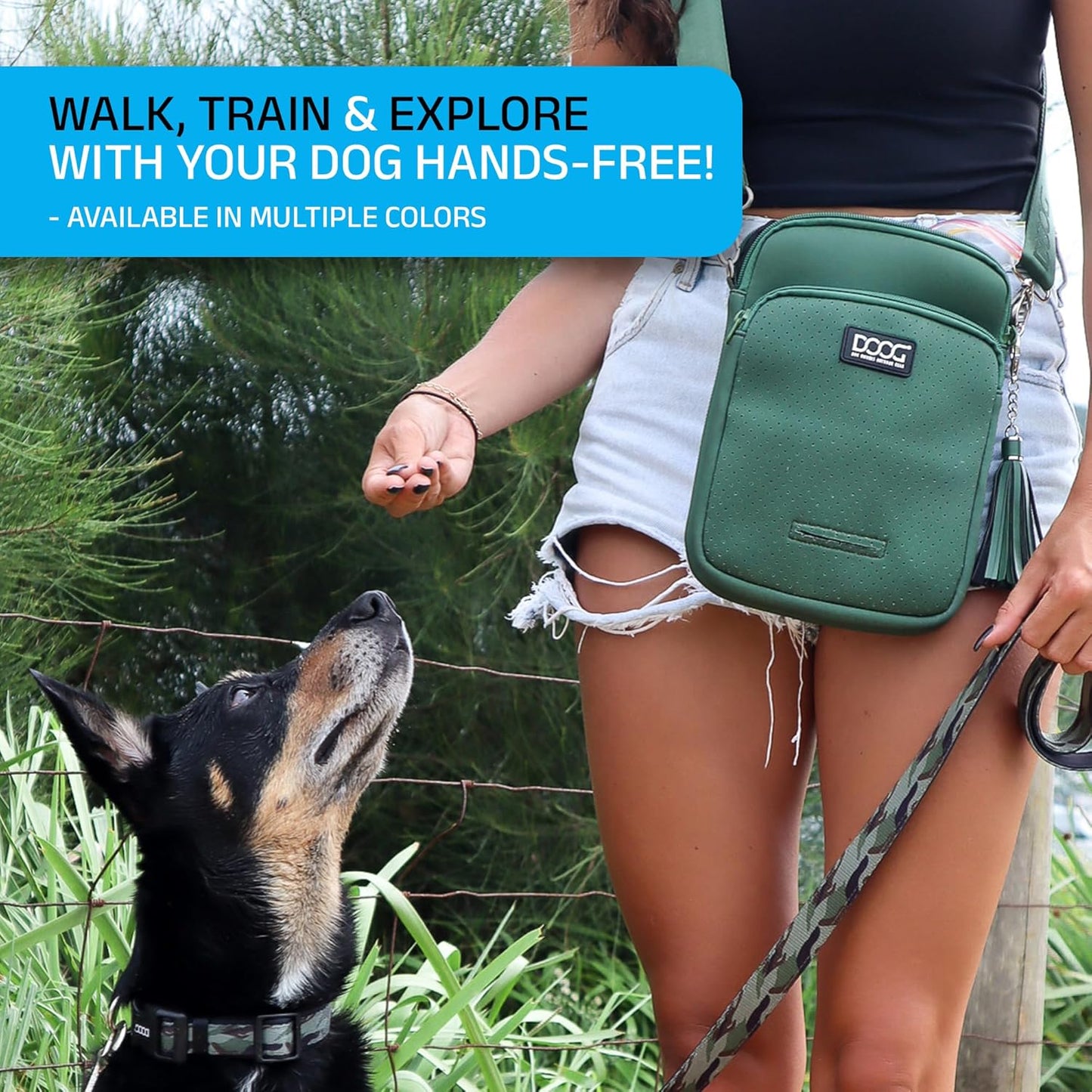 DOOG Neosport Walkie Bag - Lightweight Neoprene Dog Treat Pouch & Crossbody Shoulder Bag with Built-In Poop Bag Dispenser - Hands-Free Everyday Essentials - Green