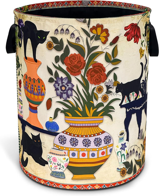Black Cat Flower Laundry Basket Floral Vase Art Oxford Cloth Laundry Hamper