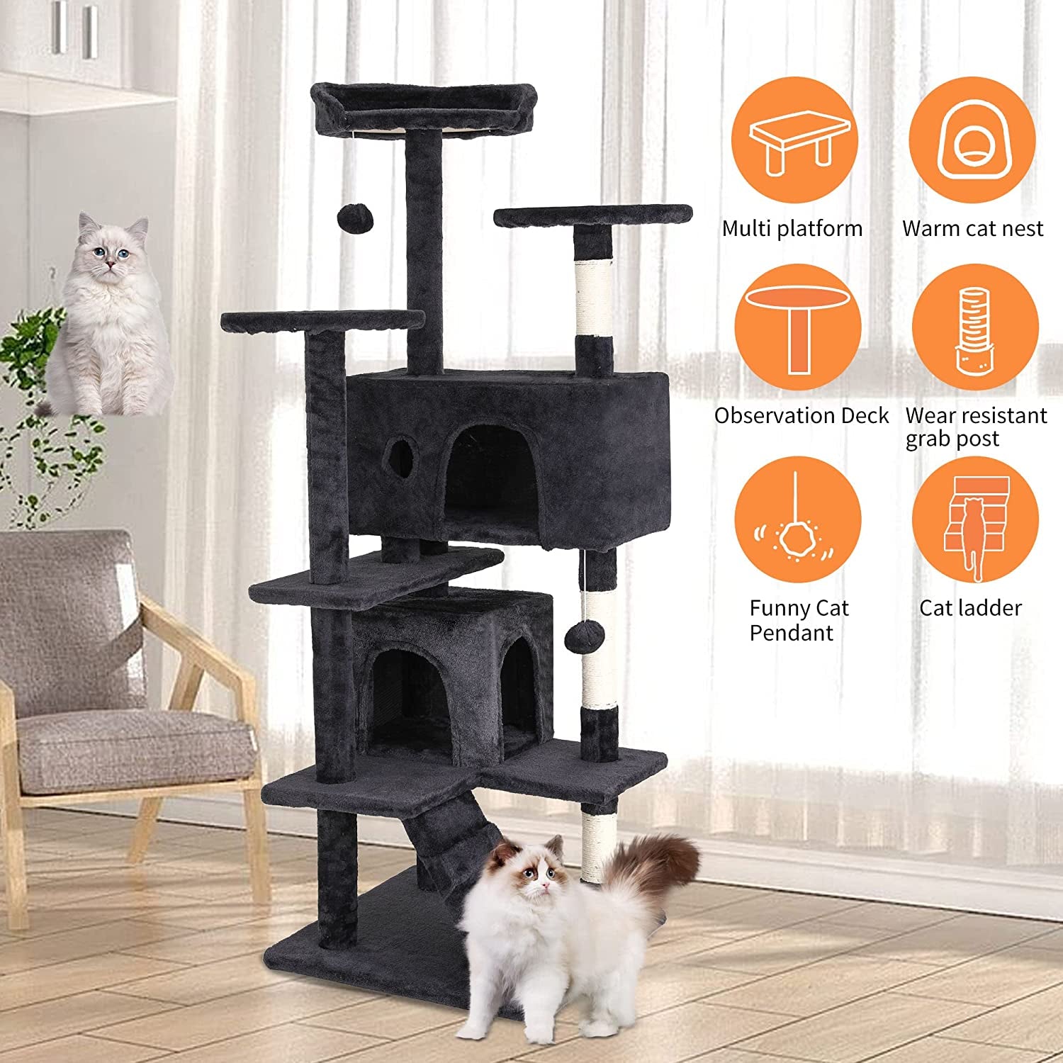 Bestpet | 54" Cat Tree Tower | Dark Gray | Sturdy, Easy to Assemble, Multi-Level Activity Center with Sisal Scratching Posts, Condos, Perches, Hanging Cat Toys, Observation Decks & Ladder