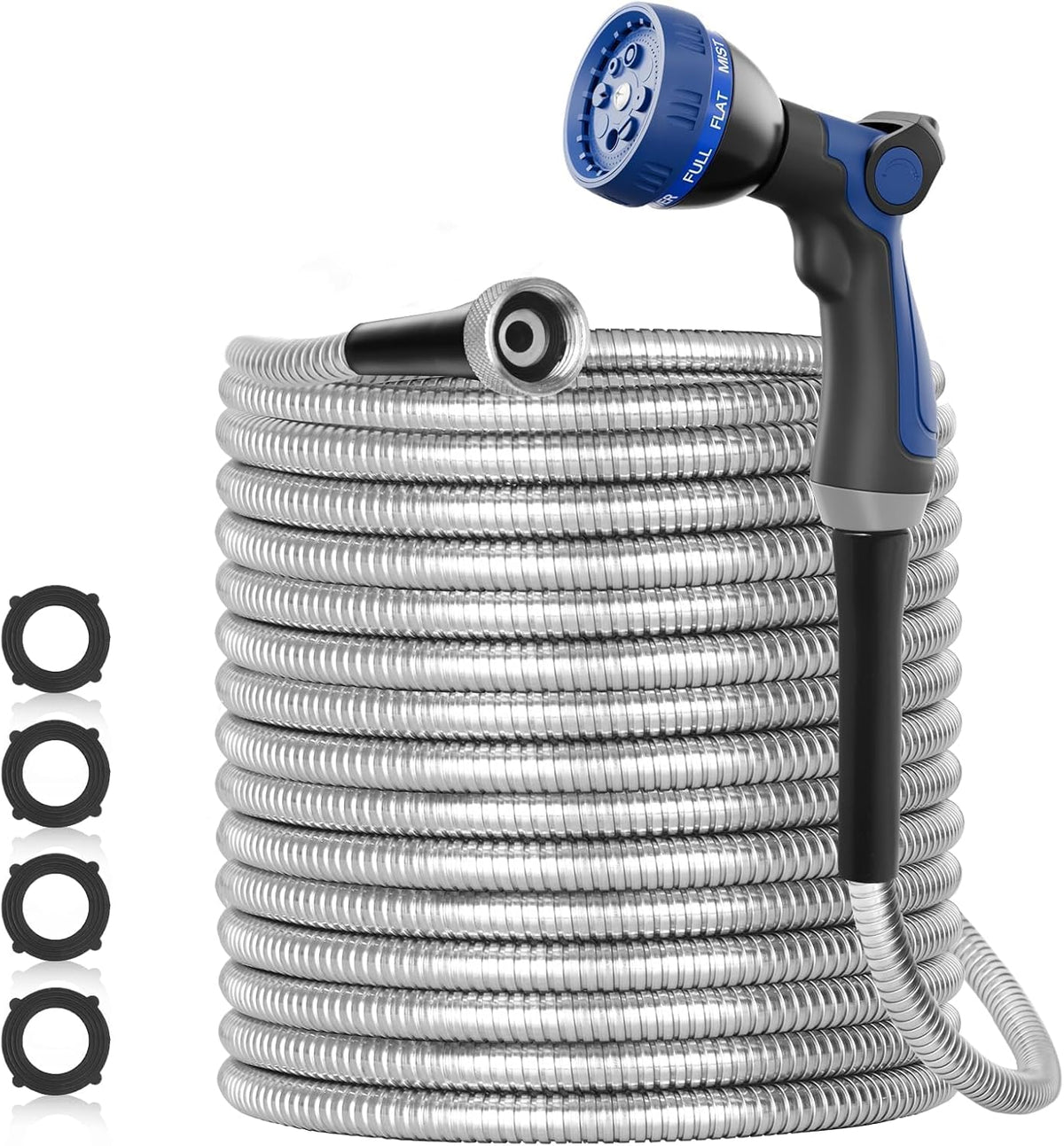 SPECILITE 50Ft 304 Stainless Steel Metal Garden Hose with Blue Nozzle