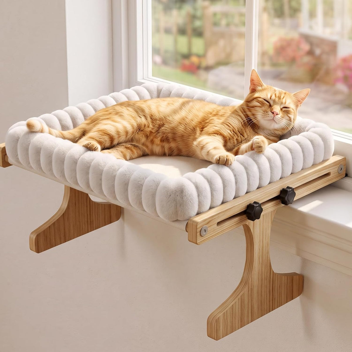 Cat Perch for Window Xiaz Cats Hammock Indoor for Small Medium Sized Cat Window Bed Adjustable Wooden Frame W/Soft Cushion Perfect for Bird Watching Sunbathing Space-Saving Easy Install Single Layer