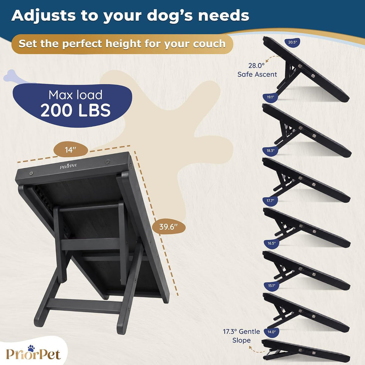Dog Ramp for Couch – Non-Slip, Sturdy Build Foldable Wooden Dog Ramp – Supports up to 200 Lbs – 7 Adjustable Heights (14" – 20.5") – Enhanced Stability – Birchwood Pet Ramp for Small Dogs – Black