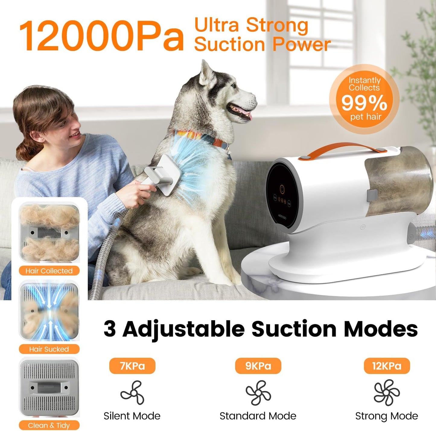 AIRROBO Dog Grooming Vacuum Kit,12000Pa Strong Pet Vacuum for Shedding,Grooming Hai,Quiet,Pg100,2L Large Capacity