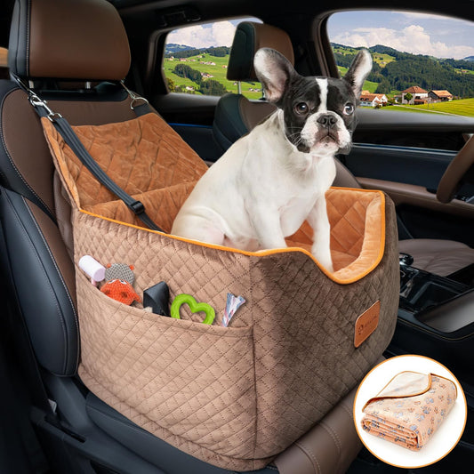 Alfatok Memory Foam Booster Dog Car Seat with Washable Removable Cover, Elevated Pet Car Seat, Anti-Slip Sturdy Booster Seats for Small Dogs 35Lbs, Seat Belt, Storage Pocket, Dog Blankets
